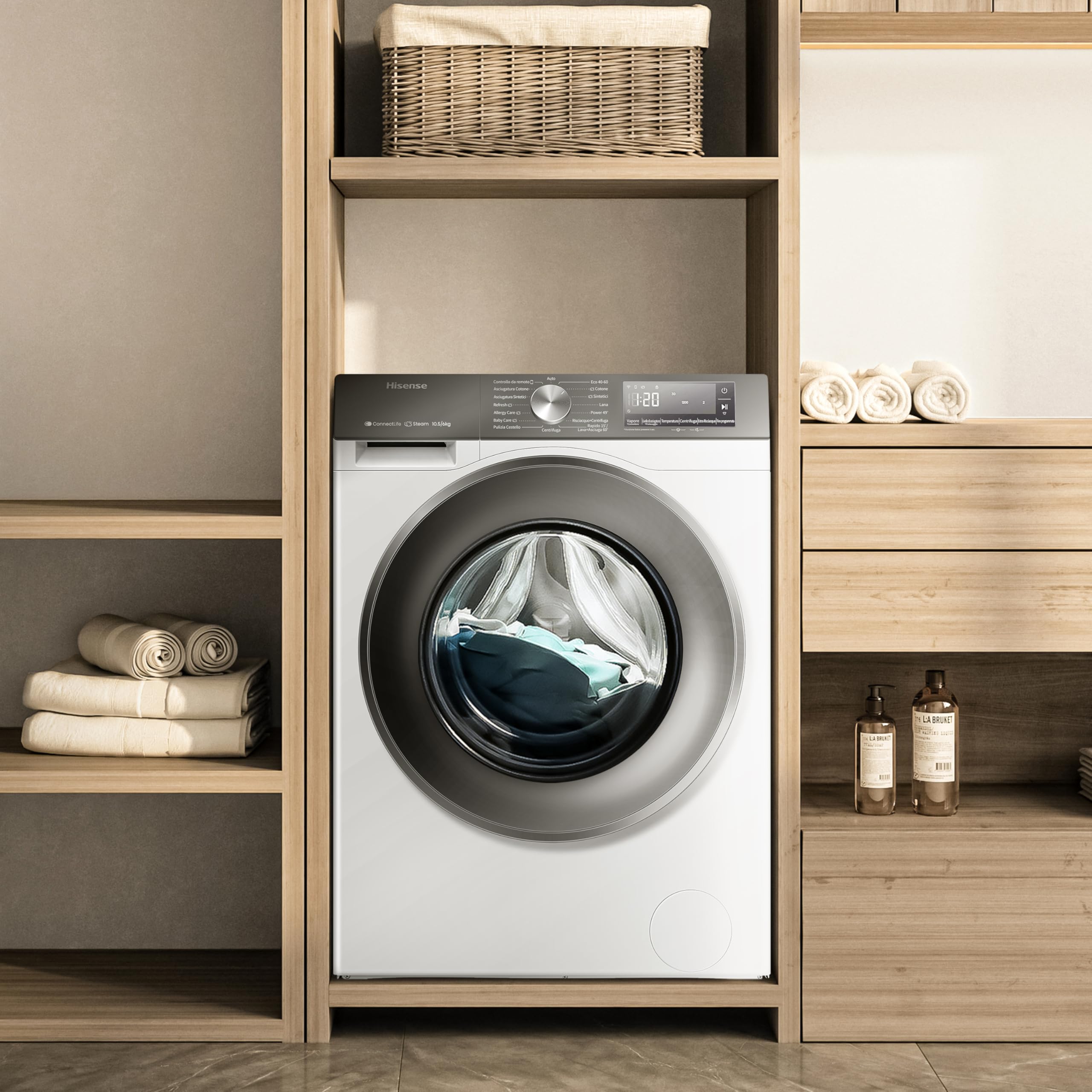Hisense WD3S1043BW7 Lavasciuga 10,5 + 6 Kg, 1400 Rpm, 19 Programmi Automatici, Vapore, Motore Inverter, Classe Energetica A-20%/D, Display Led, Grigio, WiFi