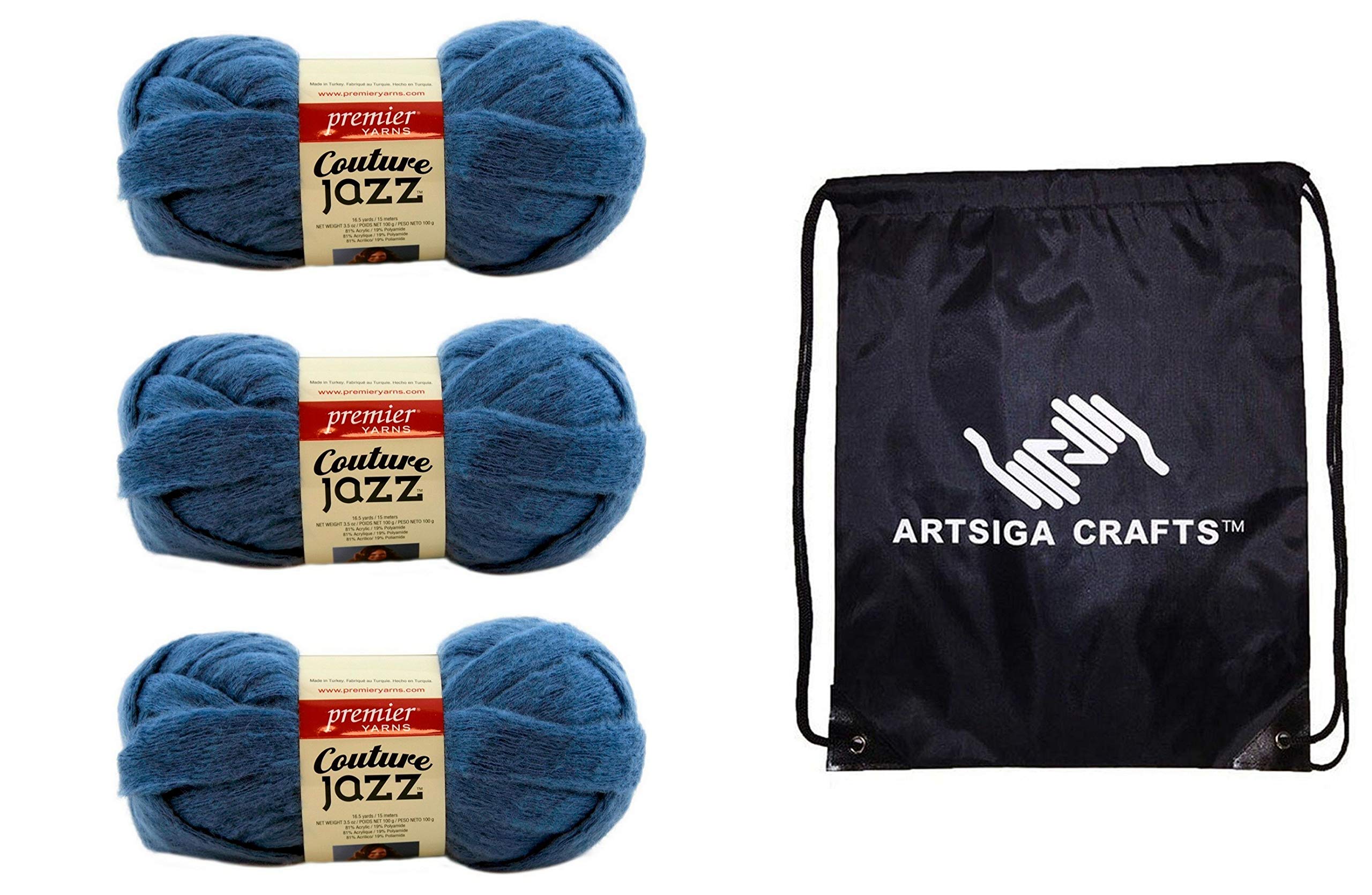 Premier Knitting Yarn Couture Jazz Jumbo Denim 3-Skein Factory Pack (Same Dye Lot) 26-29, Soft Fluffy Knitted Tube of Brushed Acrylic Blend, Bundle with 1 Artsiga Crafts Project Bag