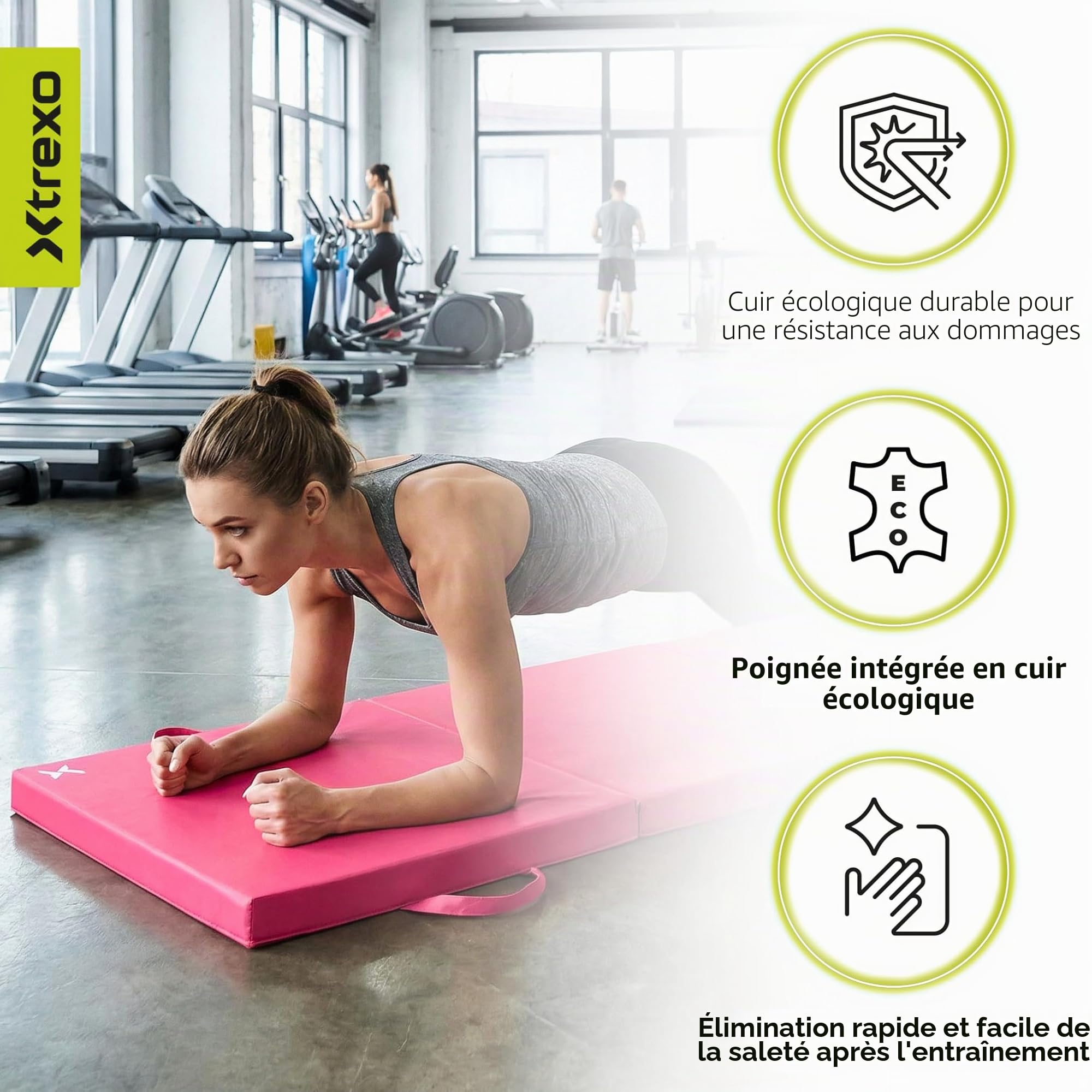 TREXO – Tapis de Gymnastique Pliable 180 x 60 x 5 cm 3-Panneaux – Tapis d’Entraînement Portable avec Poignée, Mousse EPE & Revêtement Similicuir – Rose
