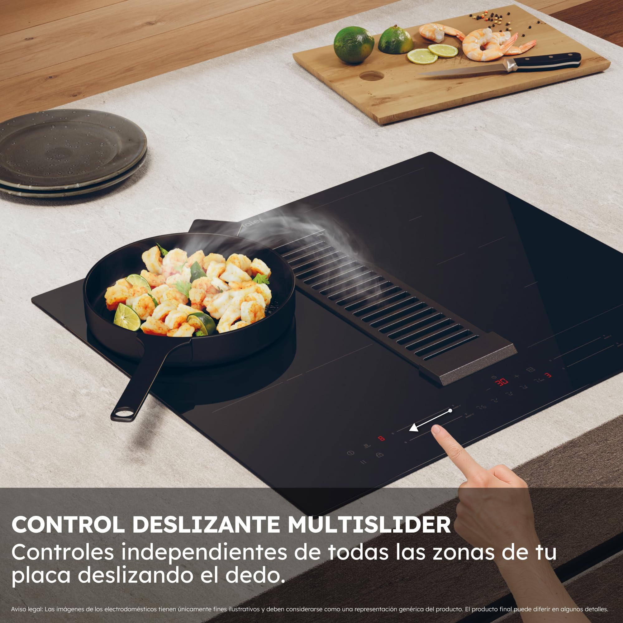 Haier Series 6 HAIH6IEMCF Placa de Inducción con extracción, 4 Zonas Flex, Ancho 60cm, Control deslizante "Multislider" Potencia total 7,4kW, 9 niveles de potencia + Booster, 4 Zonas, Negro