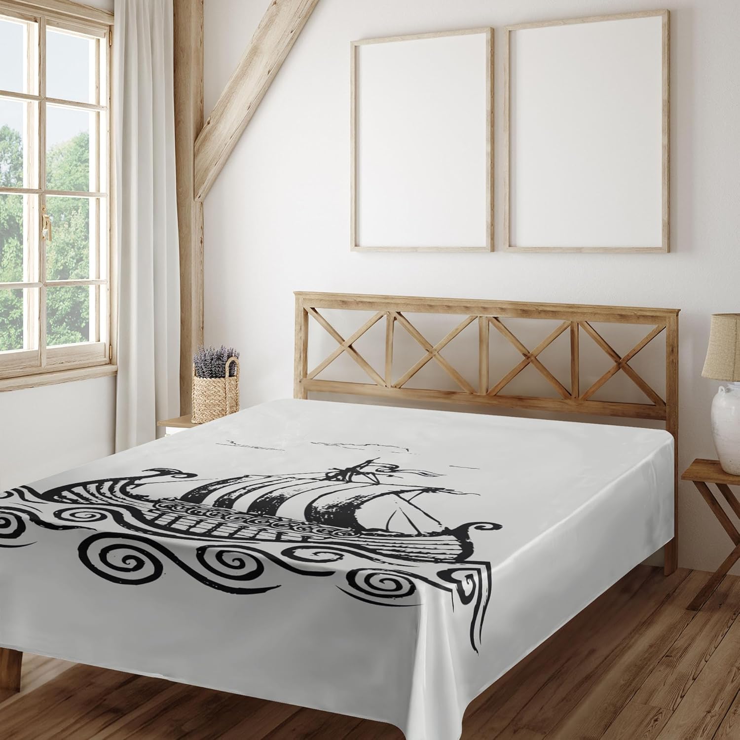 Ambesonne Viking Flat Sheet, Hand Drawn Ship on Whirlpool Look Waves Greyscale Design Print, Soft and Comfortable Top Sheet Decorative Bedding 1 Piece, Full Size, Pale Grey Charcoal Grey