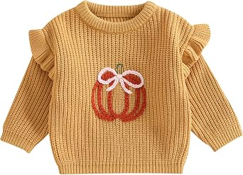 Toddler Baby Girl Halloween Sweater Pumpkin Bow Embroidery Warm Pullover Sweatshirt Knitwear Fall Winter Clothes