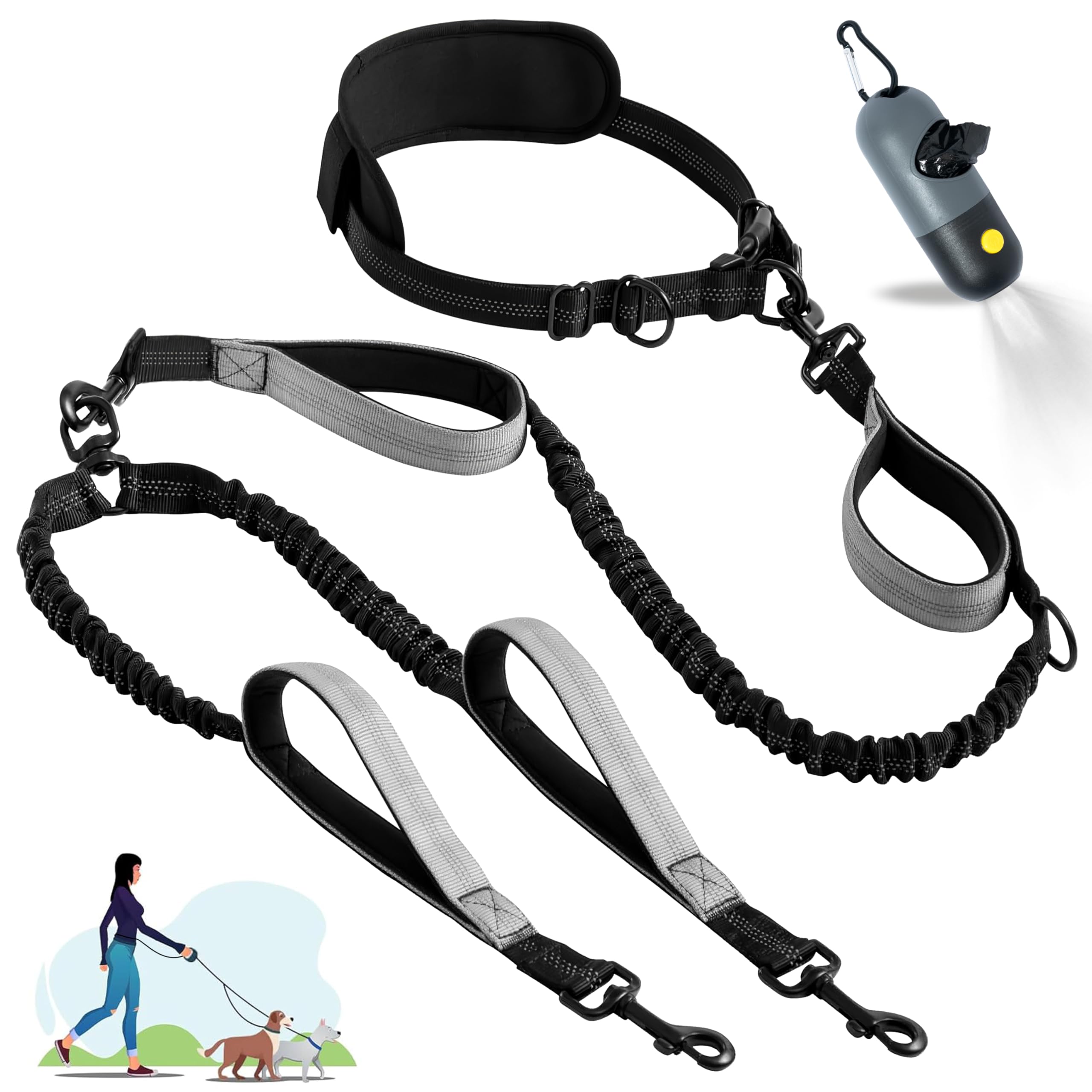 Wood Homing Hands Free Double Dog Lead - Dual Dog Running Leash Splitter for Small Medium Large Dogs, Reflective 2 Dogs Lead with Detachable Wait Belt 4 Padded Handle Bag Holder for Walking Jogging