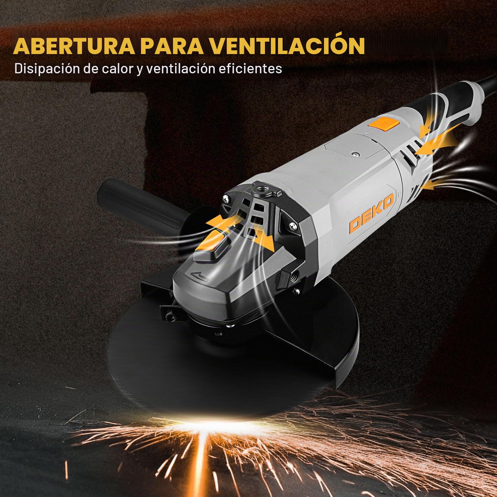 DEKOPRO 2200W Amoladora Angular Eléctrica con Cable, 230mm, Velocidad 6500 RPM, para Pulir y Amolar, Mangos Largos