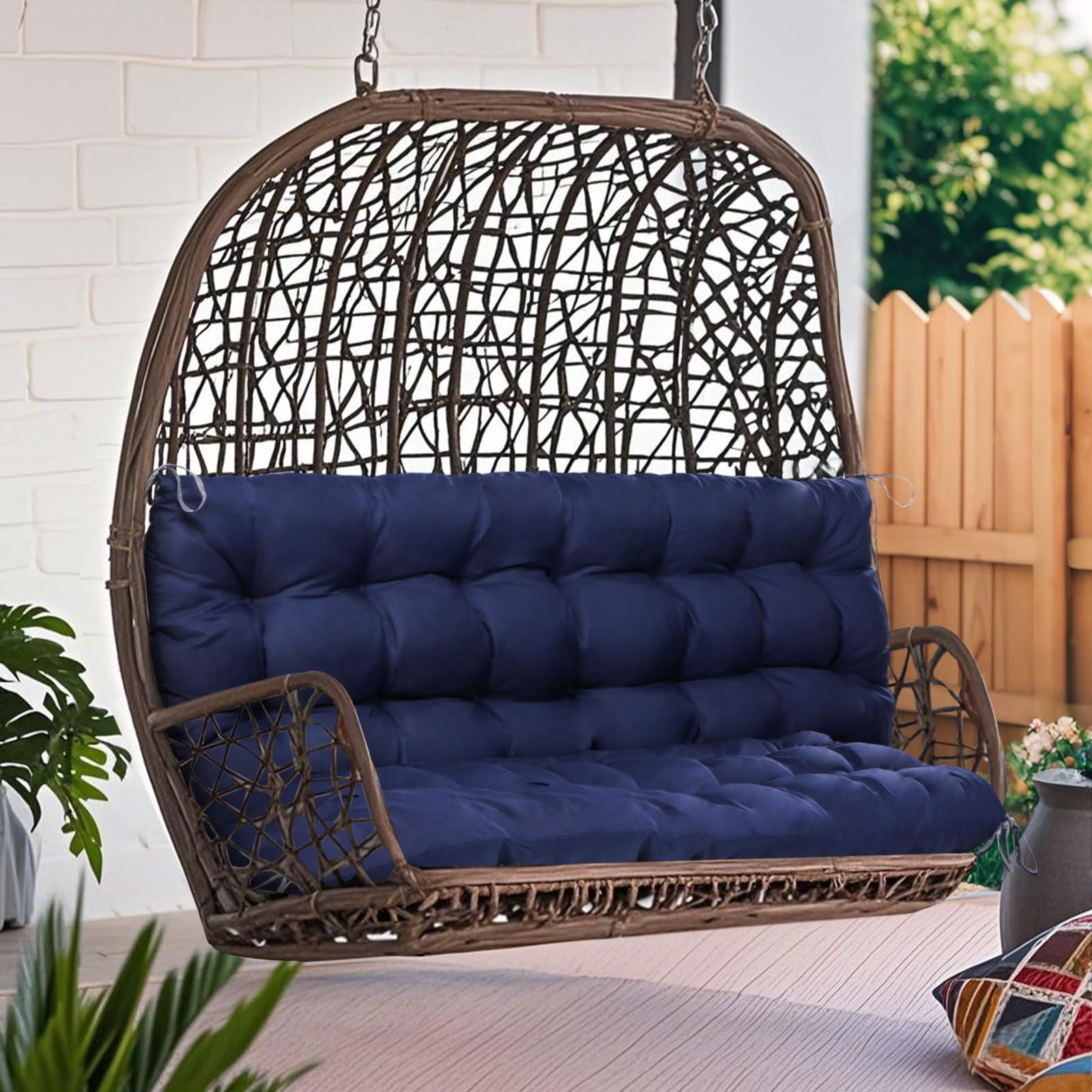 Goutime Gartenliegesitzkissen 150x100cm, 2-Personen Schaukelstuhlkissen mit Rückenlehne, Wasserdicht UV-Schutz, Festzurrgurte für Innen & Außen (Blau)