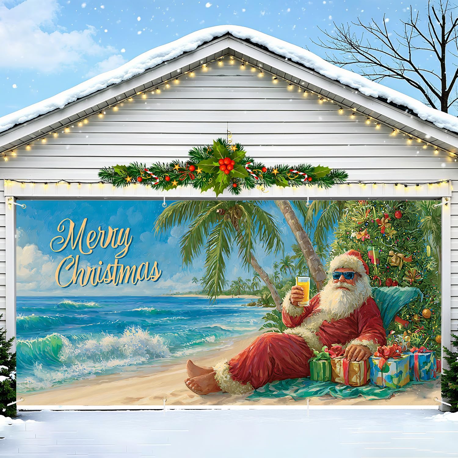 Beach-Themed Merry Christmas Garage Door Banner – Tropical Santa Claus with Palm Trees & Gifts – 1 PC 13 x 6 ft Banner+ 1 PC 16 x 7 ft Banner