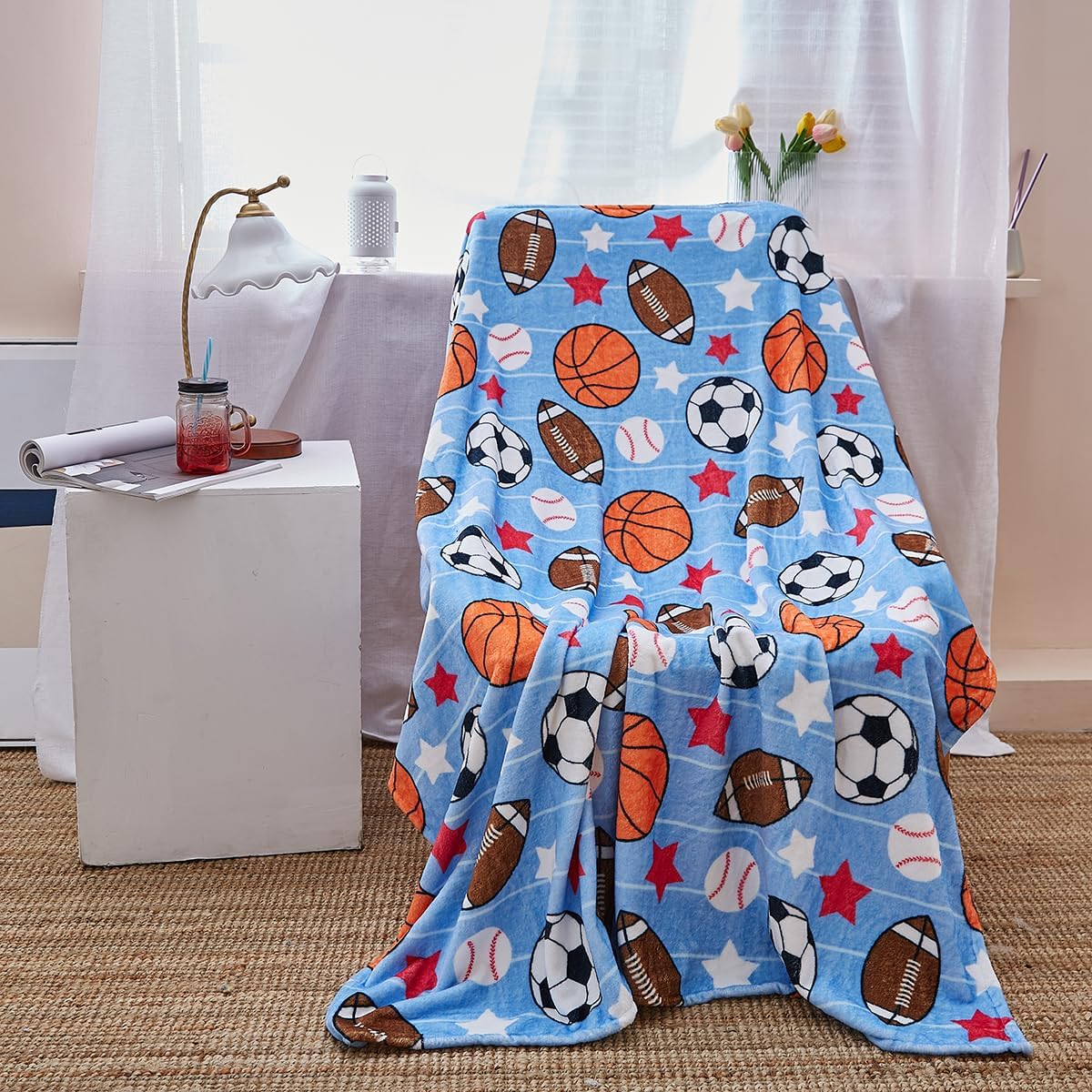 NTBAY Flannel Fleece Throw Blanket, 50x60 Inches Fuzzy Soft and Lightweight Ball Game Pattern Decorative Blanket for Sofa, Couch, Bedroom, Sky Blue