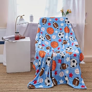 Flannel Fleece Throw 50x60 Blanket, Lightweight Plush Fuzzy Cozy Soft Ball Games Pattern Blanket and Throws for Sofa Couch Travel Camping, Light Blue