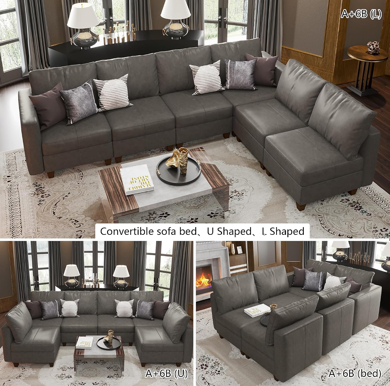 EASE MOOSE Convertible Sectional Sleeper Sofa Bed with Reversible Chaises,Faux Leather Modular Sofa Sectional Couch Modular Couch with Storage