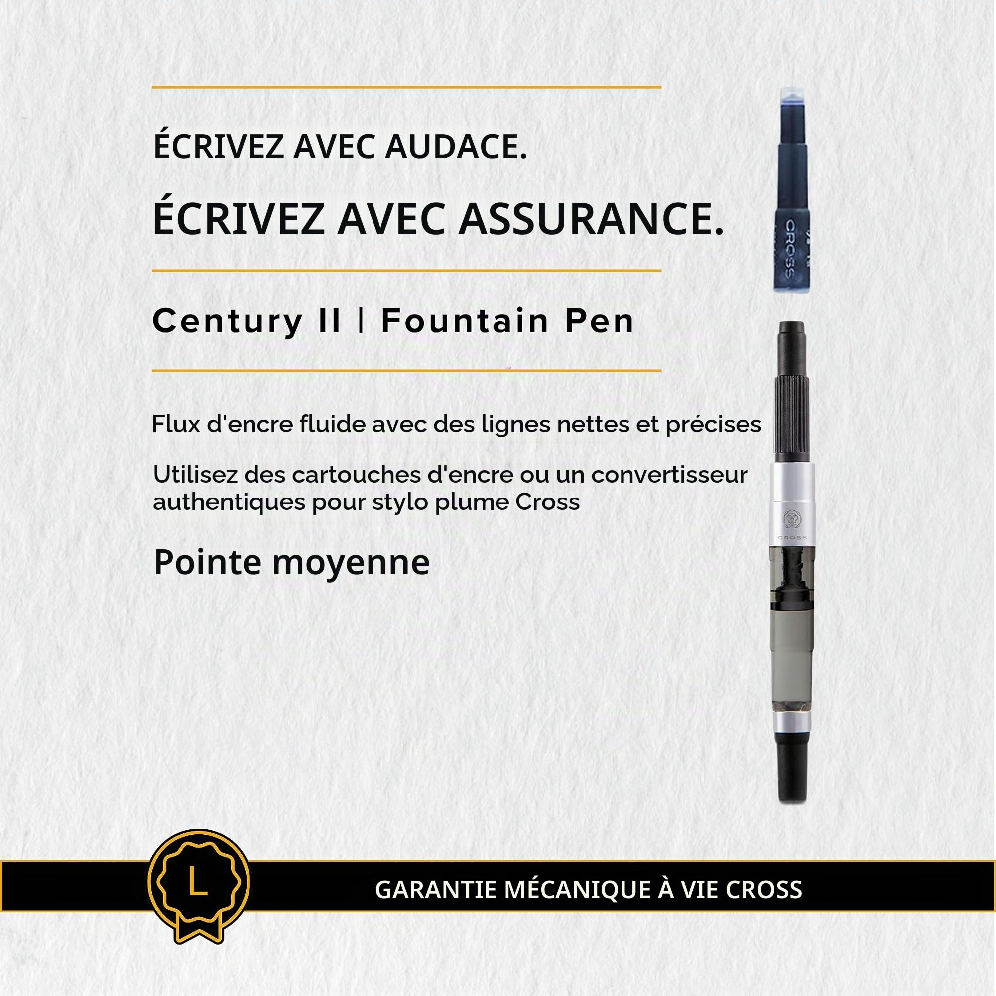 CROSS Century II Medalist - Stylo plume rechargeable - Avec atrributs plaqués or 23 carats - Pointe moyenne - Écrin classique et deux cartouches incluses