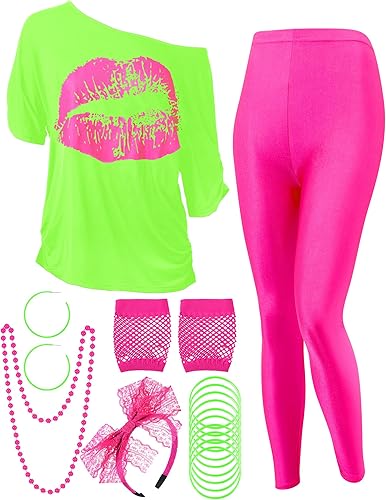 Conjunto de disfraz de los años 80 para mujer camiseta, pantalones leggings geométricos, aretes, collar, guantes, brazalete