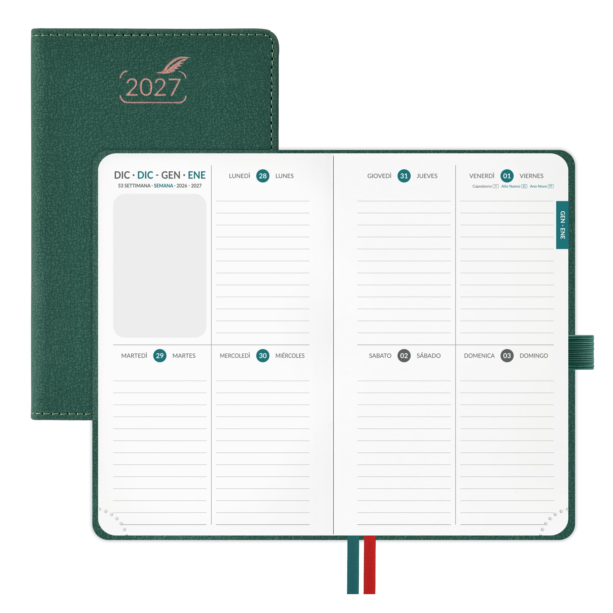 [en Italien et Espagnol] BEZEND Petit Agenda 2027 de Poche A6 17 x 11 cm - Agenda 2027 Semainier avec Couverture Rigide en Cuir PU, Vert Forêt
