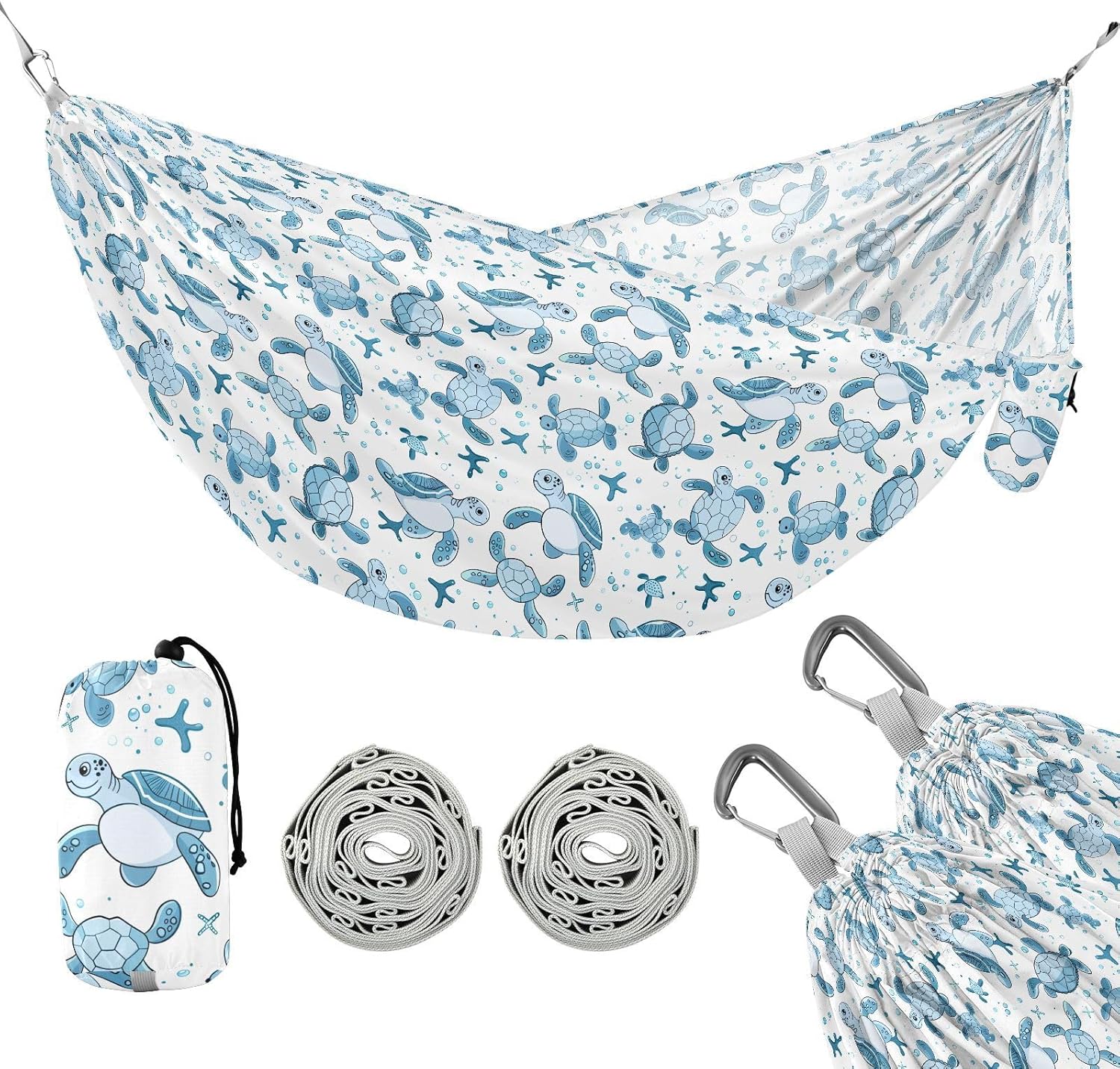 ALAZA Sea Turtle Cartoon Camping Hammocks Single or 2 Person 500 lbs Portable Parachute Travel Hammock w/Tree Straps for Hiking Backpacking Indoor Outdoor