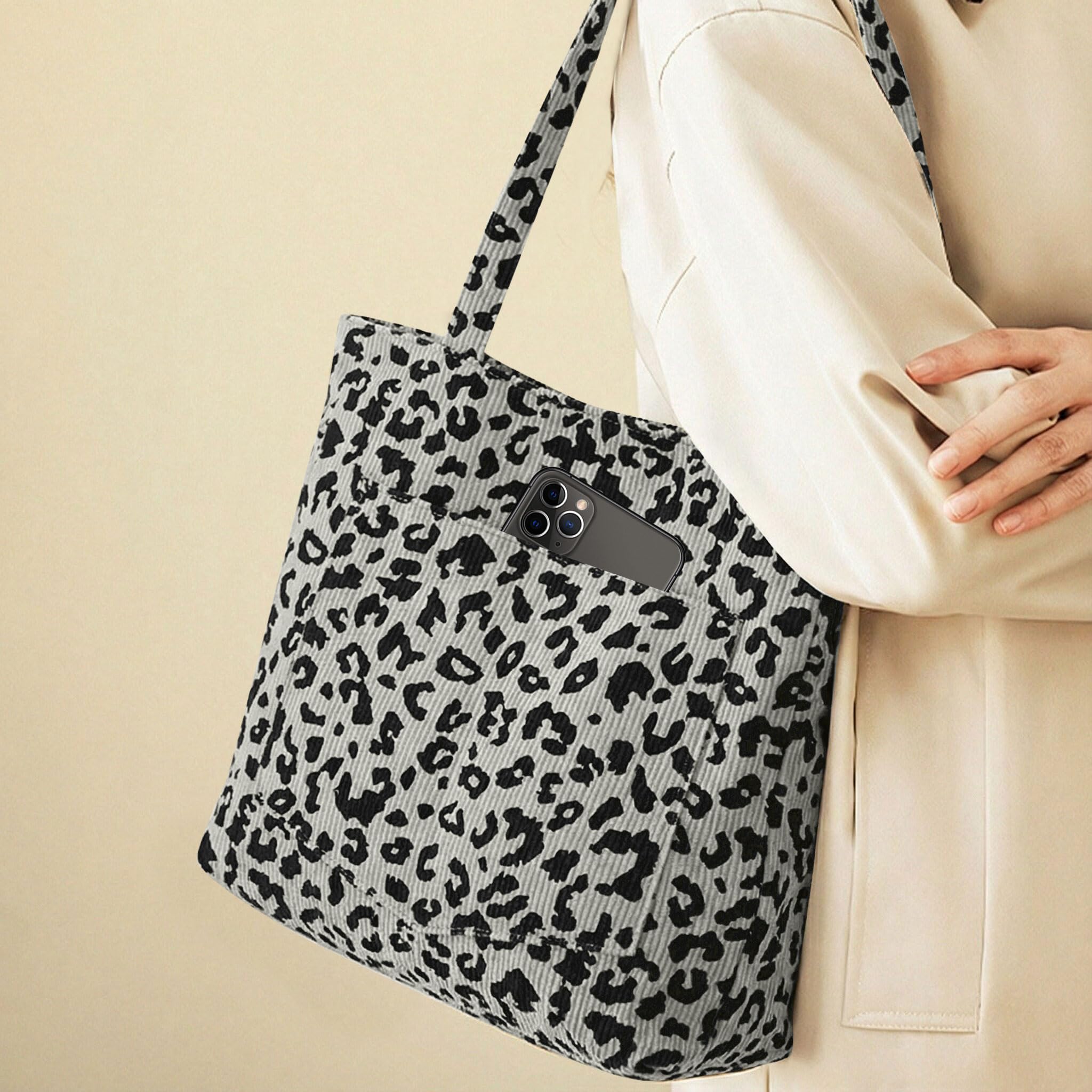 NANYUAYA Leopard Print Gifts Corduroy Tote Bag With Zip Shoulder Bags Women Large Handbag Foldable Tote Bags for School Work Shopping Travel - Image 7