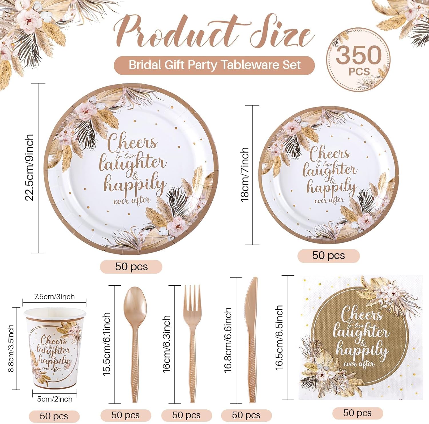 350 Pcs Boho Bridal Shower Paper Plates Napkins Cups Disposable Tableware Sets With Knives Forks Spoons Cheers to Love Bridal Shower Party Favors for 50 Guests Wedding Engagement Decorations (boho)
