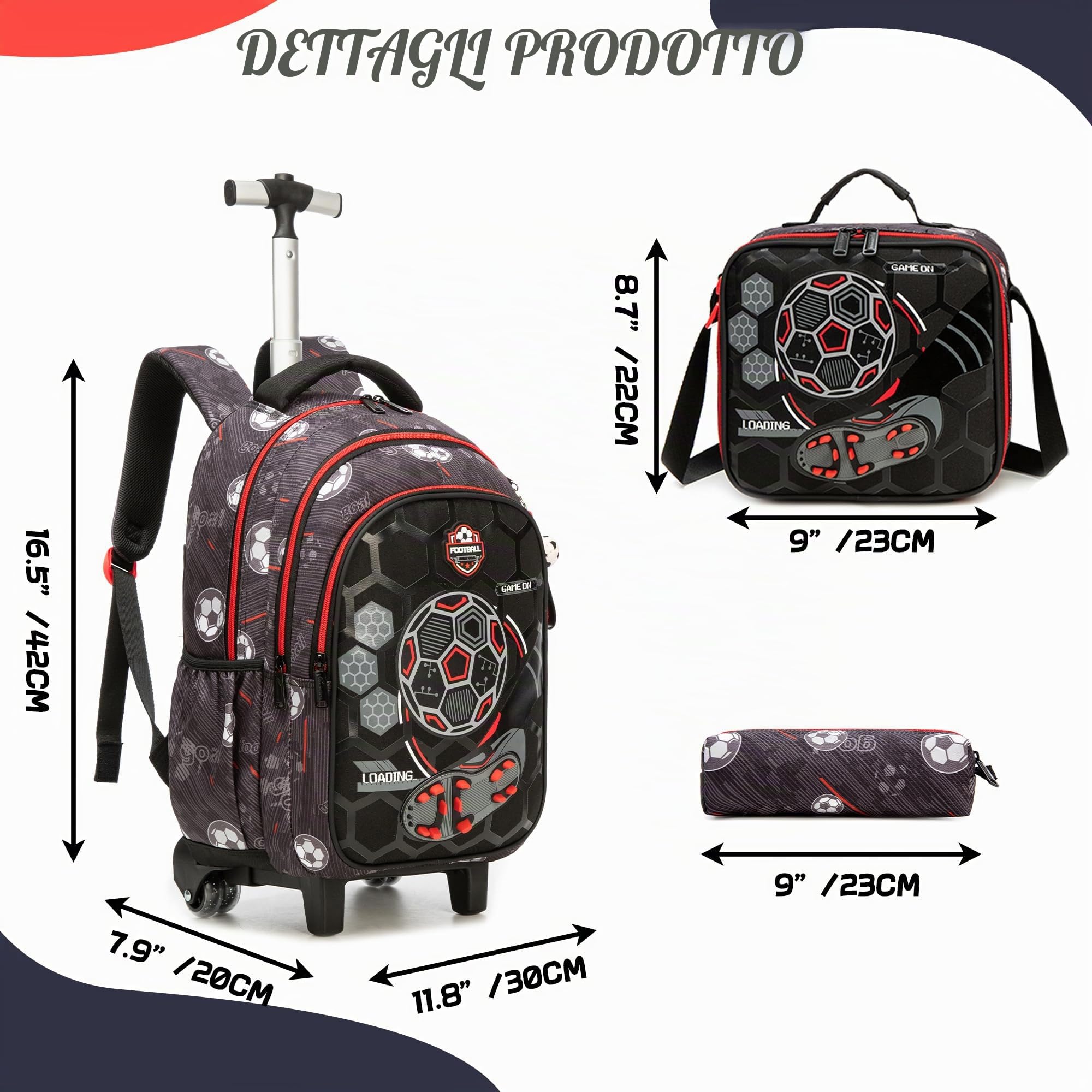 HTgroce Zaino Trolley Scuola Elementare Bambino (Calcio) – Grande Zaino con Ruote per Ragazzi & Cartella Scolastica – Bagaglio a Mano per Scuola & Viaggi