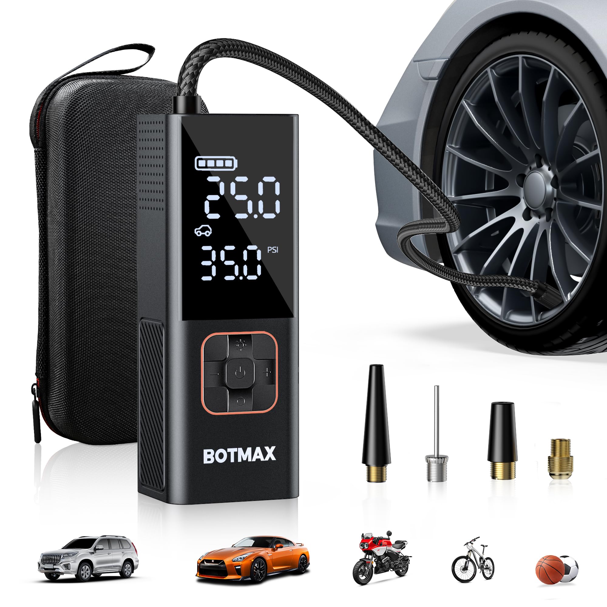 Botmax Tire Inflator Portable Air Compressor, Air Pump for Car Tires Pump with Tire Pressure Gauge 160 PSI Night LED Light Electric Portable Tire Inflator for Cars, Bike, Motorcycle, Bicycle and Balls