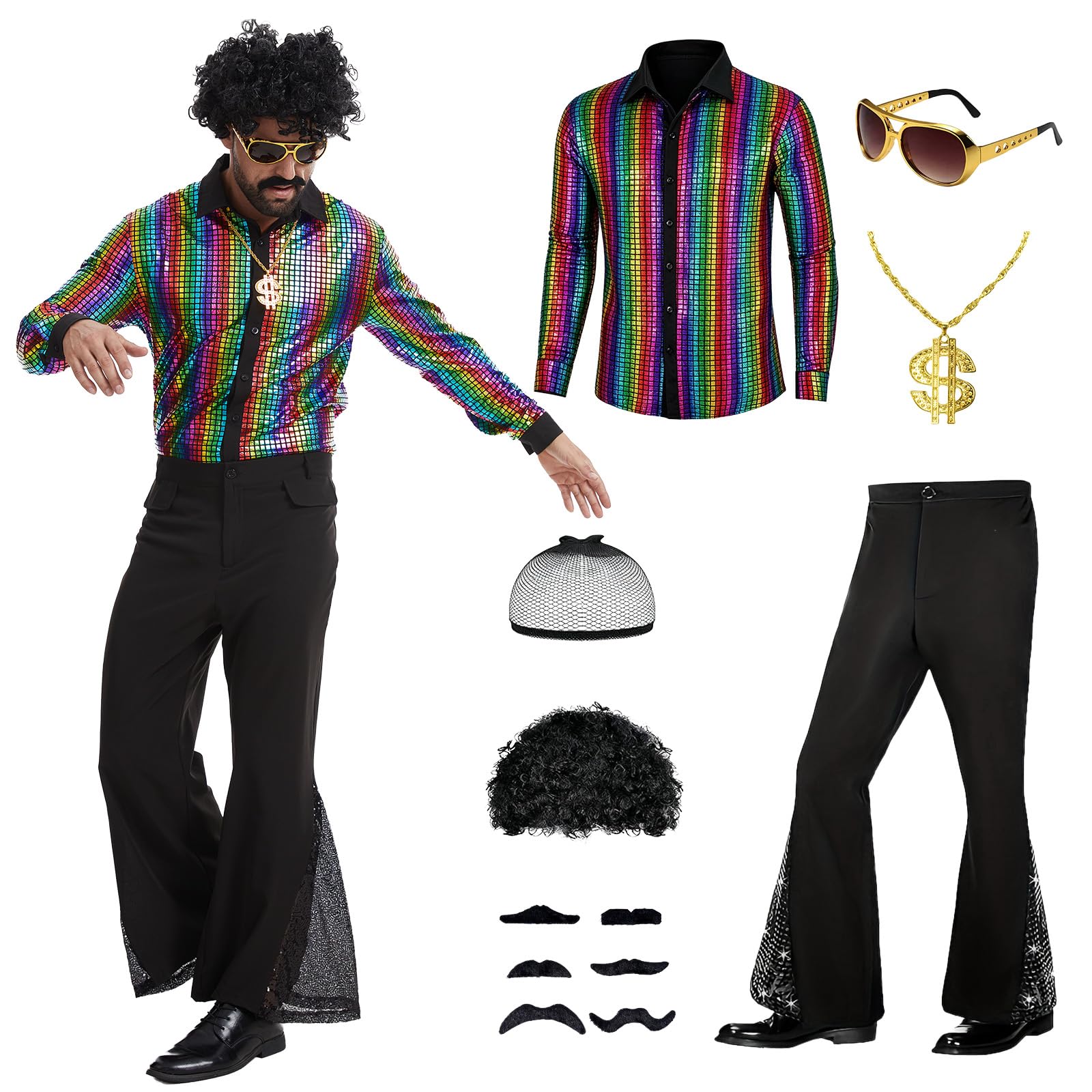 LLTTEER 70s Disco Costume for Men,7 Piece Hippie Outfit with Wig and Accessories,Retro 70s 80s Style Disco Fancy Dress for Halloween Theme Parties (Multicolour,XXL)