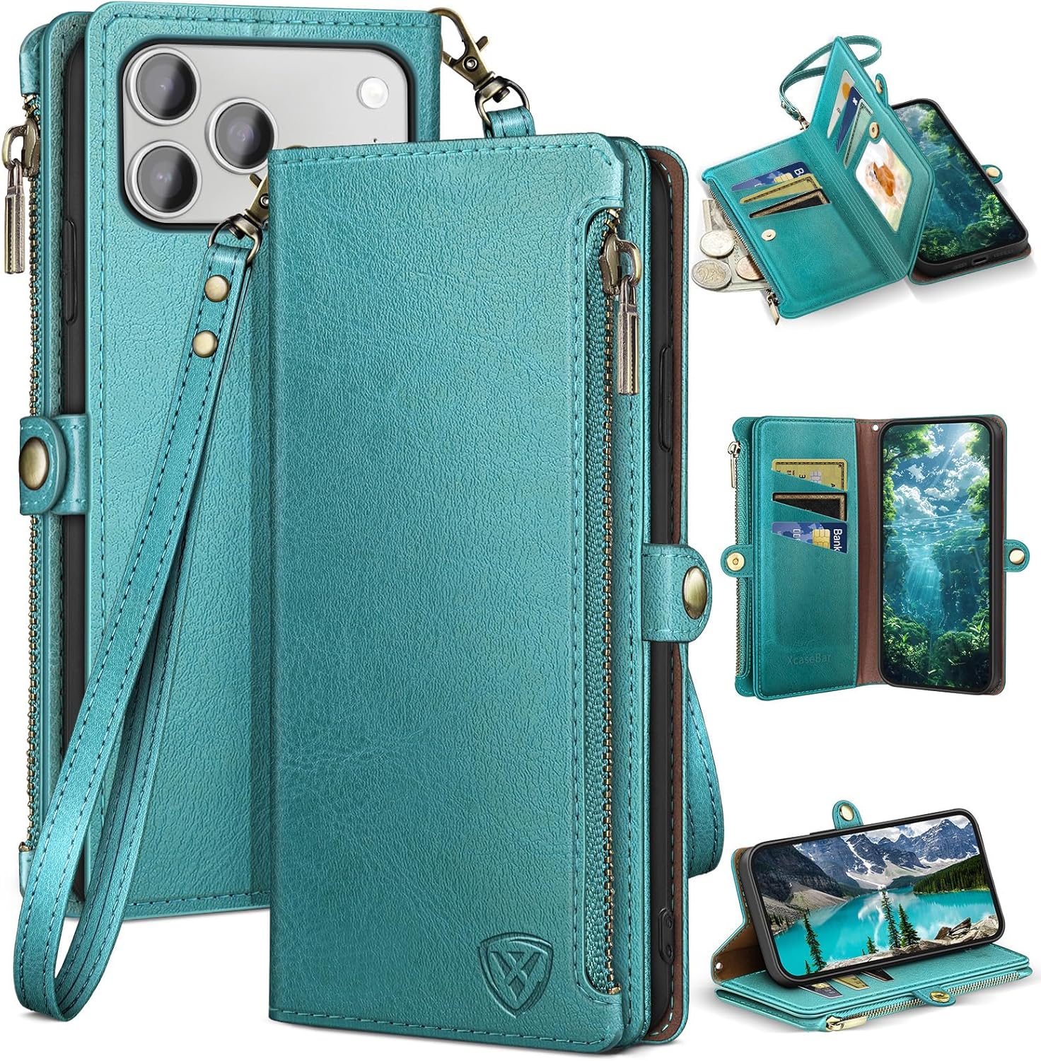 Product image of XcaseBar Compatible with iPhone 17 Pro Max 6.9" Wallet case with Zipper Credit Card Holder【RFID Blocking】,Flip Folio Book PU Phone case Shockproof Cover Women Men for Apple 17 Pro Max case Blue Green