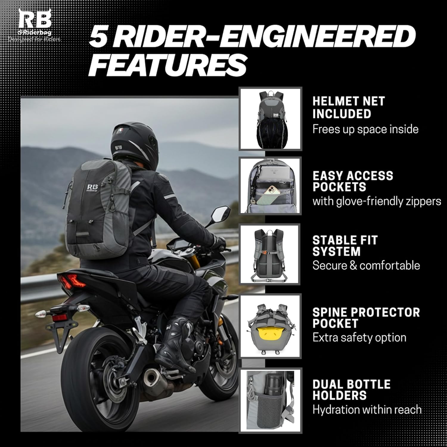 Reflective Motorcycle Backpack – Hi Viz EDC Commuter Bag for Riders, Night Travel, and Daily Use with Helmet Holder, Laptop Compartment, Ventilated Back, Urban Gear (black backpack) - Image 3