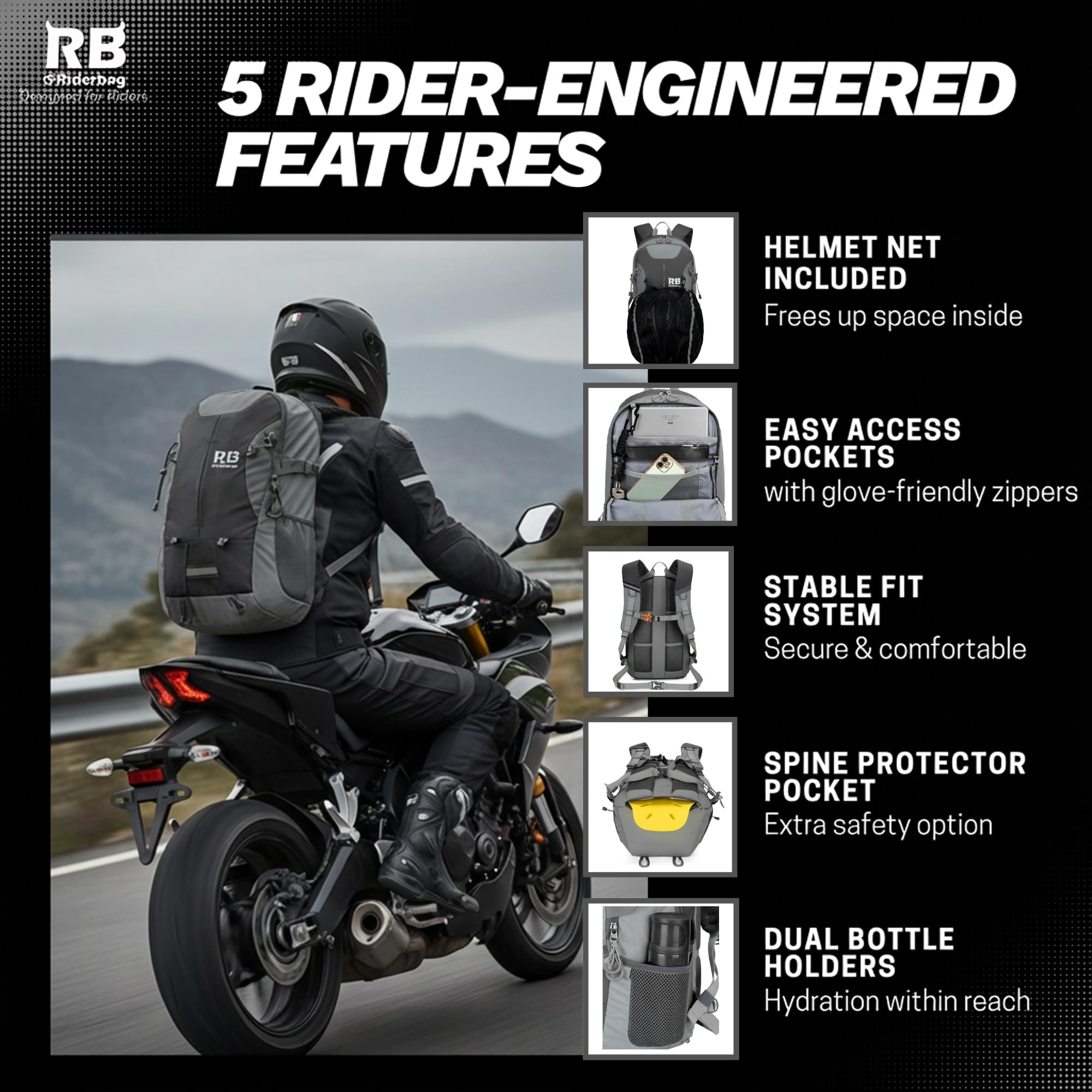 riderbag Reflektierender Motorradrucksack, leichter Laptoprucksack für Motorradfahrer. Reiserucksack. Fahrrad Sicherheit im Dunkeln. Mit optionalem Rückenprotektor