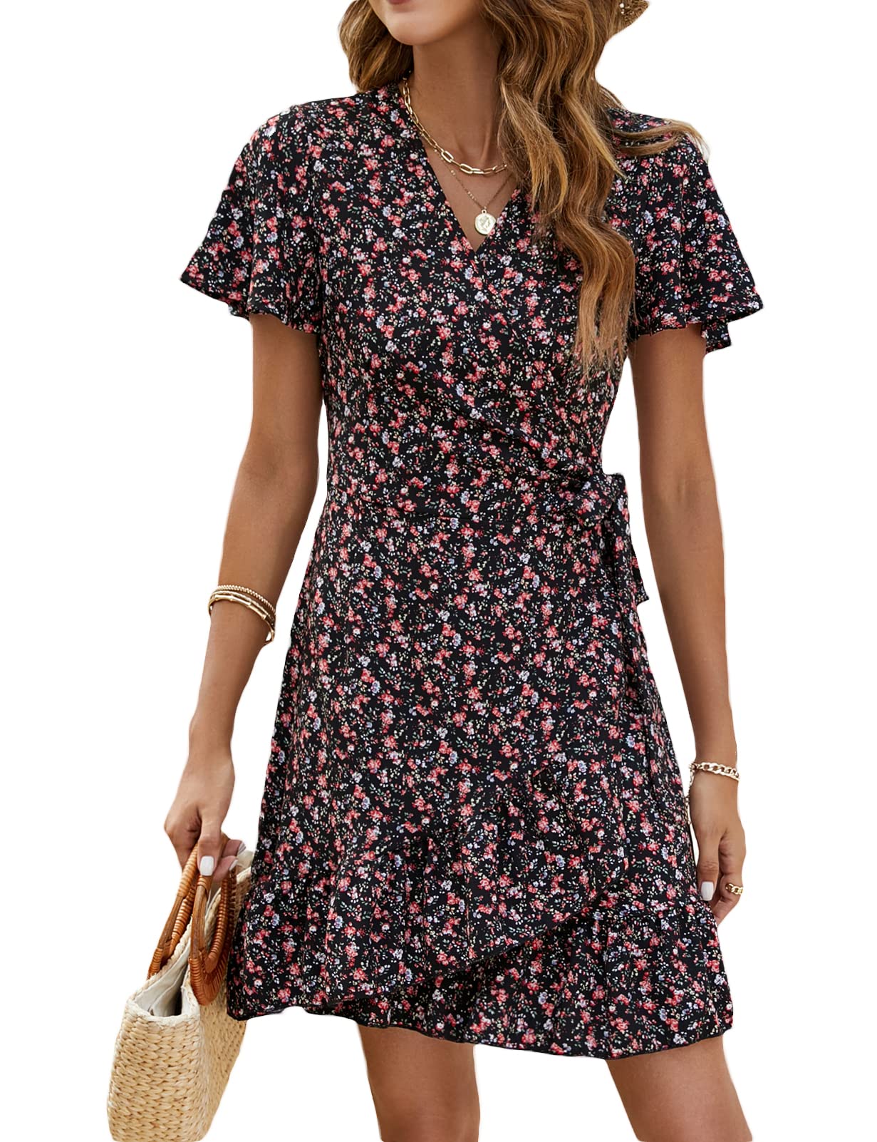 Women's Summer Wrap Dresses V Neck Polka Dot Print Ruffle Short Sleeve Mini Floral Boho Dress with Belt