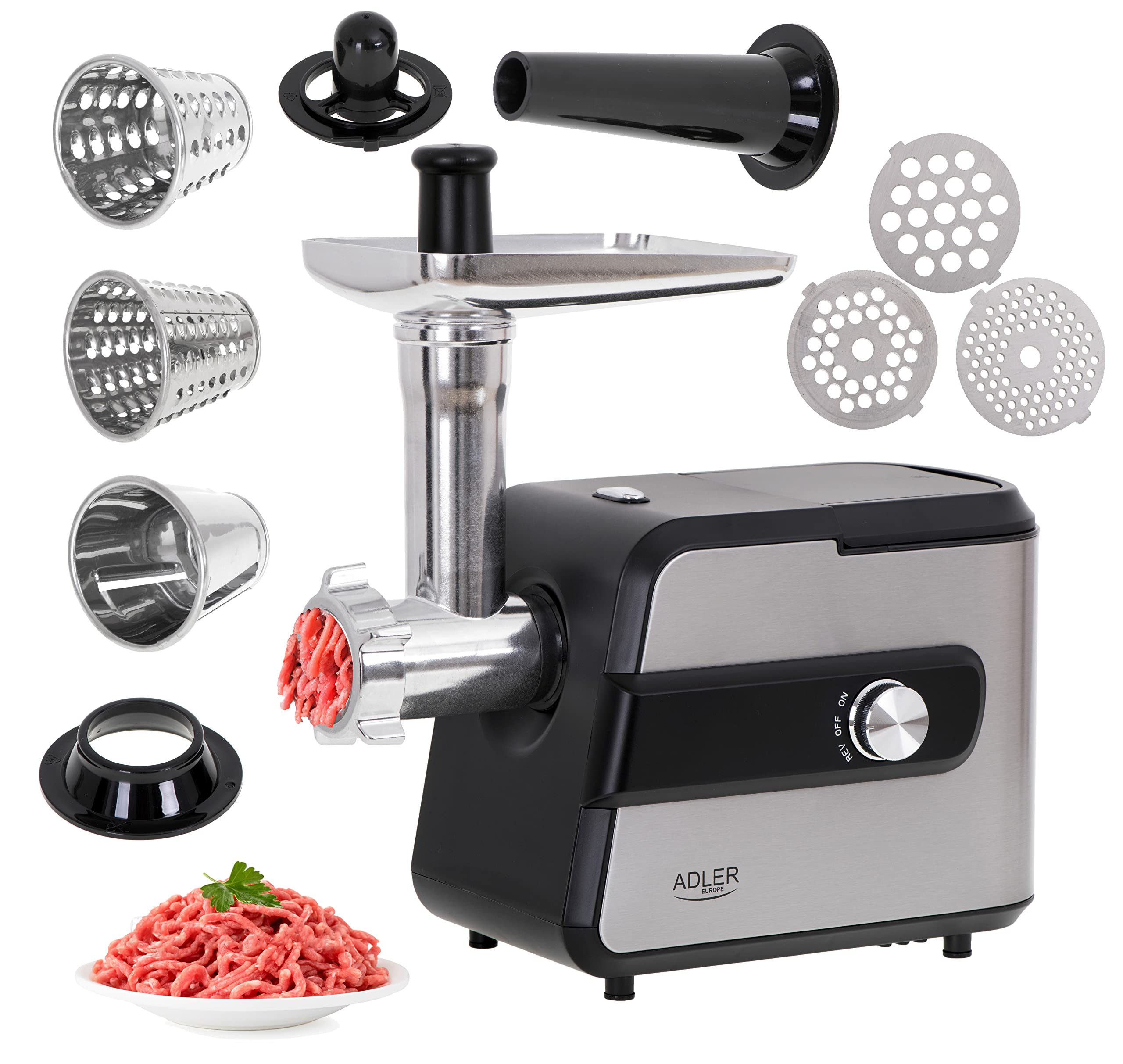 Adler AD 4813 - Picadora de carne nº 5 con rebanadora, 2000 W, máquina picadora de carne picada con carcasa de acero inoxidable, para carne y verduras