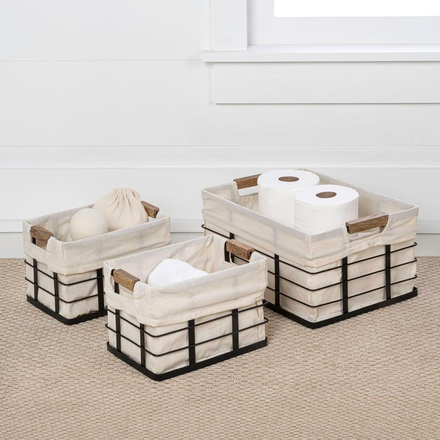 happimess BSK3002A-3SET Callan Vintage Industrial Wire Metal Nesting Storage Baskets with Wood Handles and Fabric Liner for Shelves, Cabinets, Pantry, Countertop, Mesh Open Bin, Black (Set of 3)