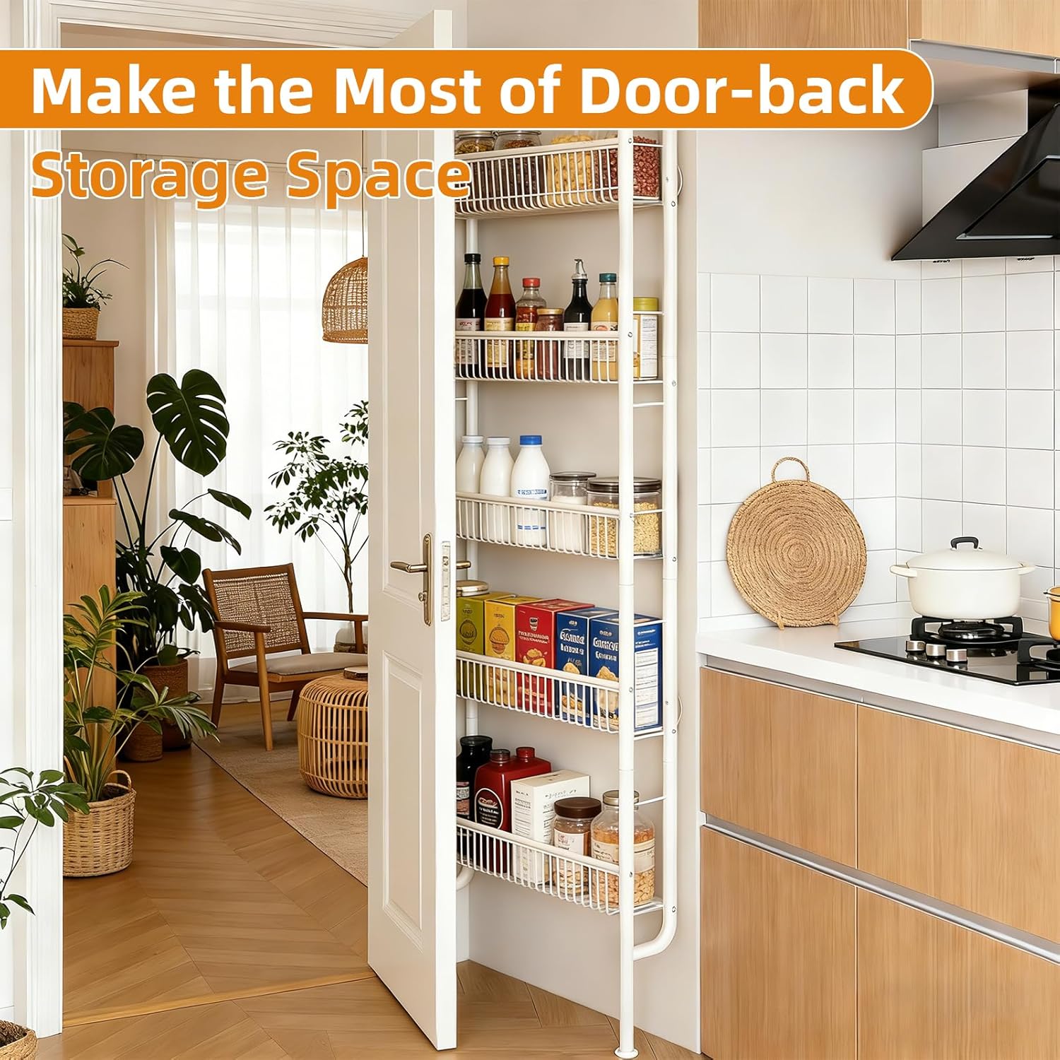 Saiveina Behind The Door Storage 5 Tiers Narrow Wall Shelf, Space-Saving Behind Door Storage, Slim Metal Shelf for Kitchen Bathroom Living Room, Off-White