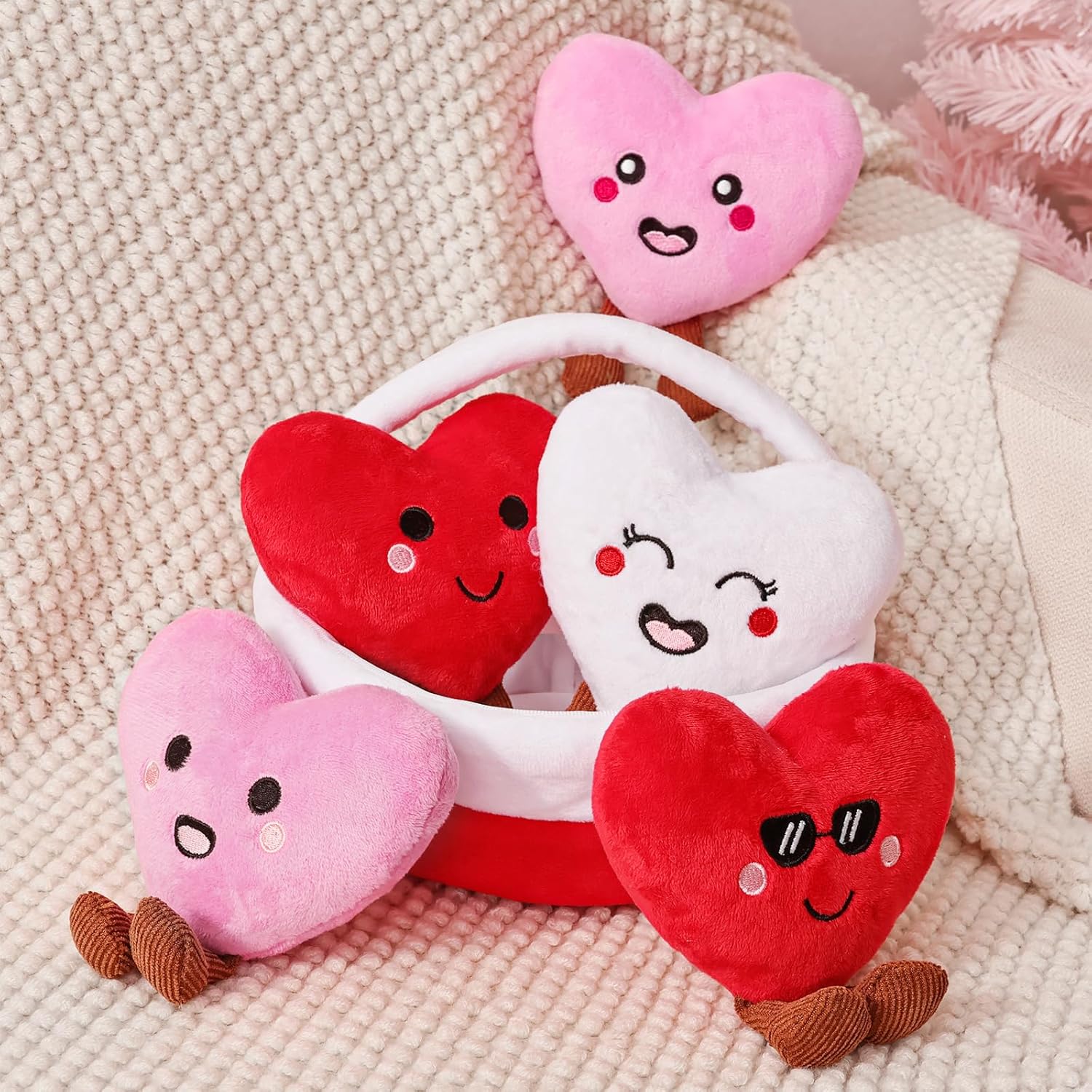Bunny Chorus Cute Valentines Plush Baby Valentines Day Gifts, 6ct Valentines Stuffed Animal with White Red Pink Heart Plush, Sweet Valentine's Gift for Girls Kids Valentines Day Decorations