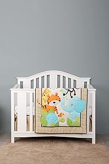 3 PCs Green Forest Animal Nursery Crib Bedding Set Quilt , Fitted Sheet , Skirt Animal Themed Baby Boy Cot Bedding Set