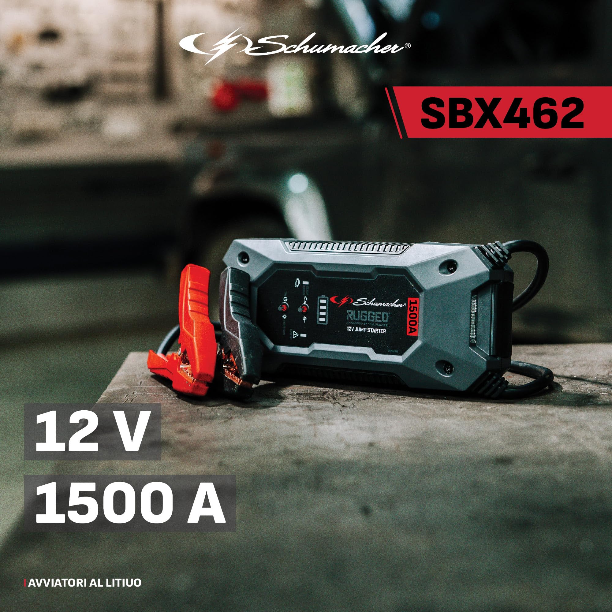 Schumacher Electric SBX462 - Avviatore Auto 1500A 12V - Booster al Litio con Morsetti Sicuri - Motori Benzina 8L / Diesel 6L - USB, LED - Modalità Override e Pre-Boost
