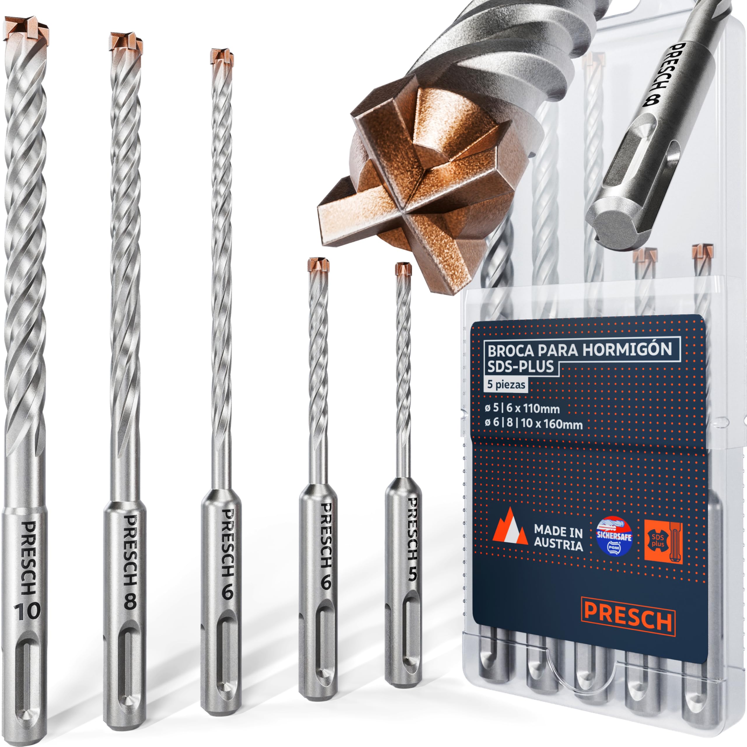 PRESCH Juego de Brocas Hormigón SDS plus 5-10mm (5 uds.) – Broca pared con 4 filos de carburo – Indicador de profundidad – Brocas profesionales para hormigón, granito, ladrillo y mampostería