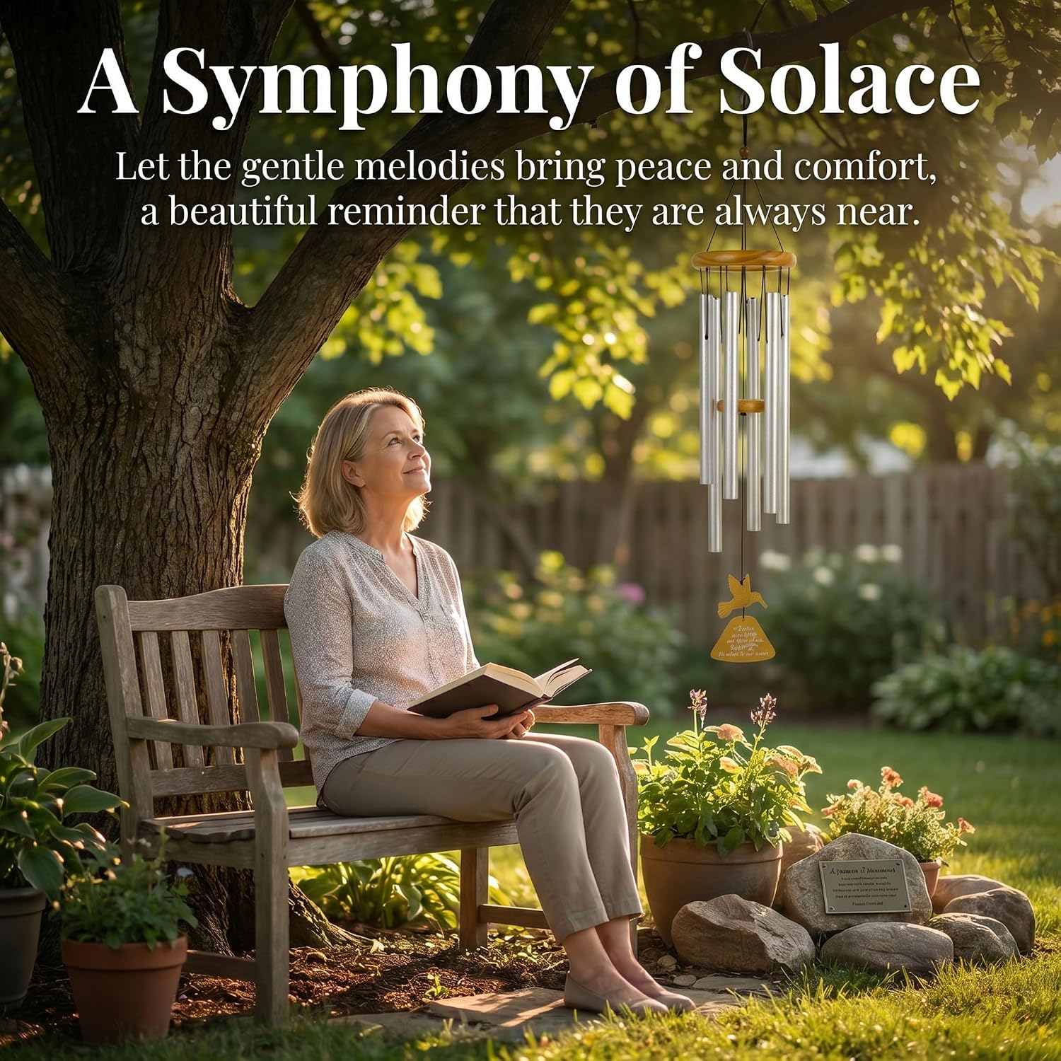 Sympathy Wind Chimes with Hummingbird Light, Memorial Gift for Loss of Loved One,Remembrance/Bereavement/Windchimes with Sympathy Cards, Memorial Wind Chimes