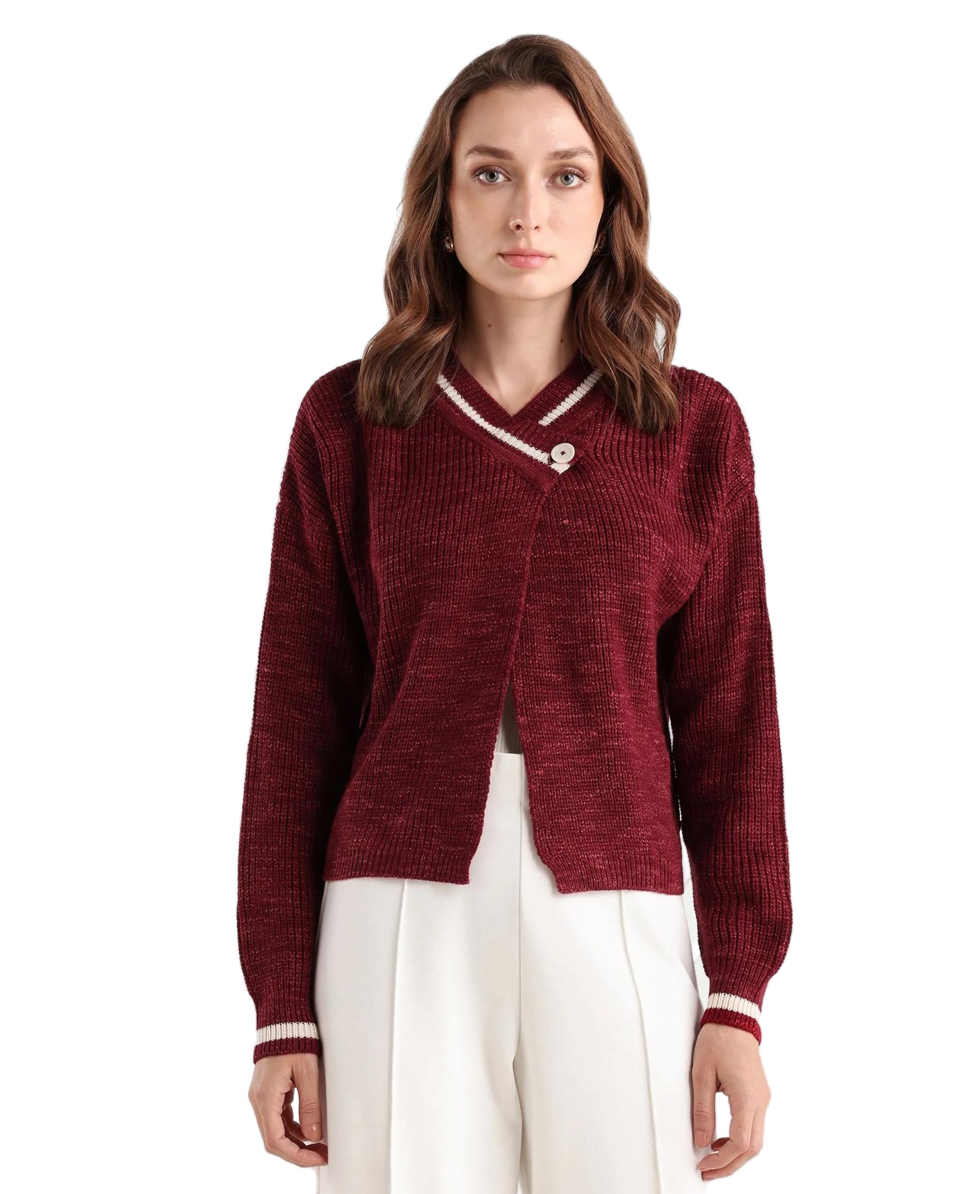 rareism Women Relaxed Cropped Deep Red Self Design Acrylic Blend V-Neck Shrug-picture-11