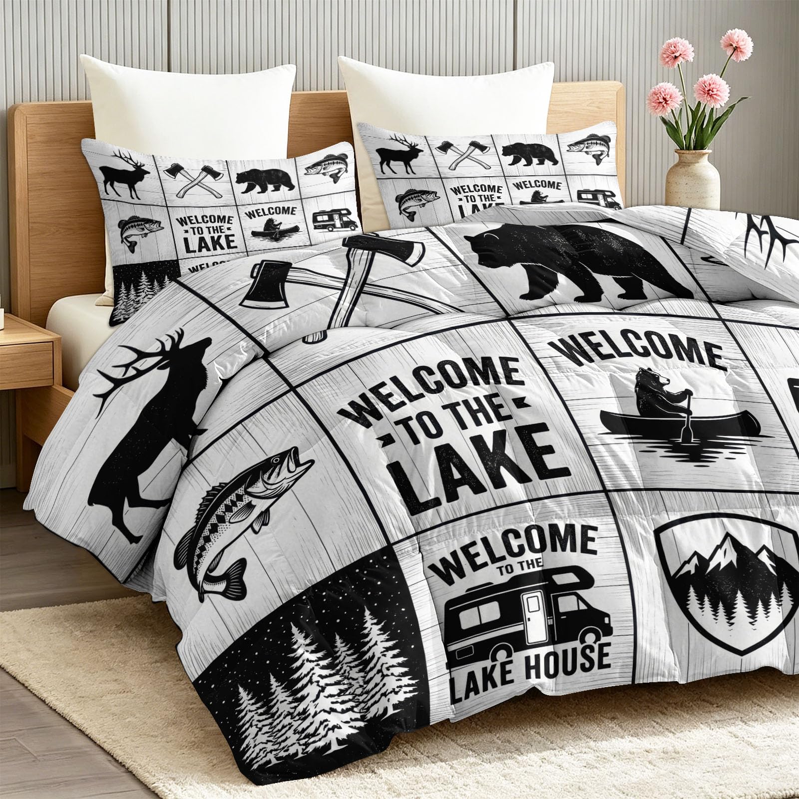 Trapunta estiva da 200 x 200 cm, stile americano, retrò, in microfibra, calda, traspirante, con casetta dei cartoni animati, lavabile, morbida, per tutto l'anno, senza fodera con 2 federe, nero