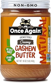Once Again Natural Creamy Cashew Butter, 16oz - Unsweetened - Peanut Free, Gluten Free Certified, Vegan, Kosher - Glass Jar
