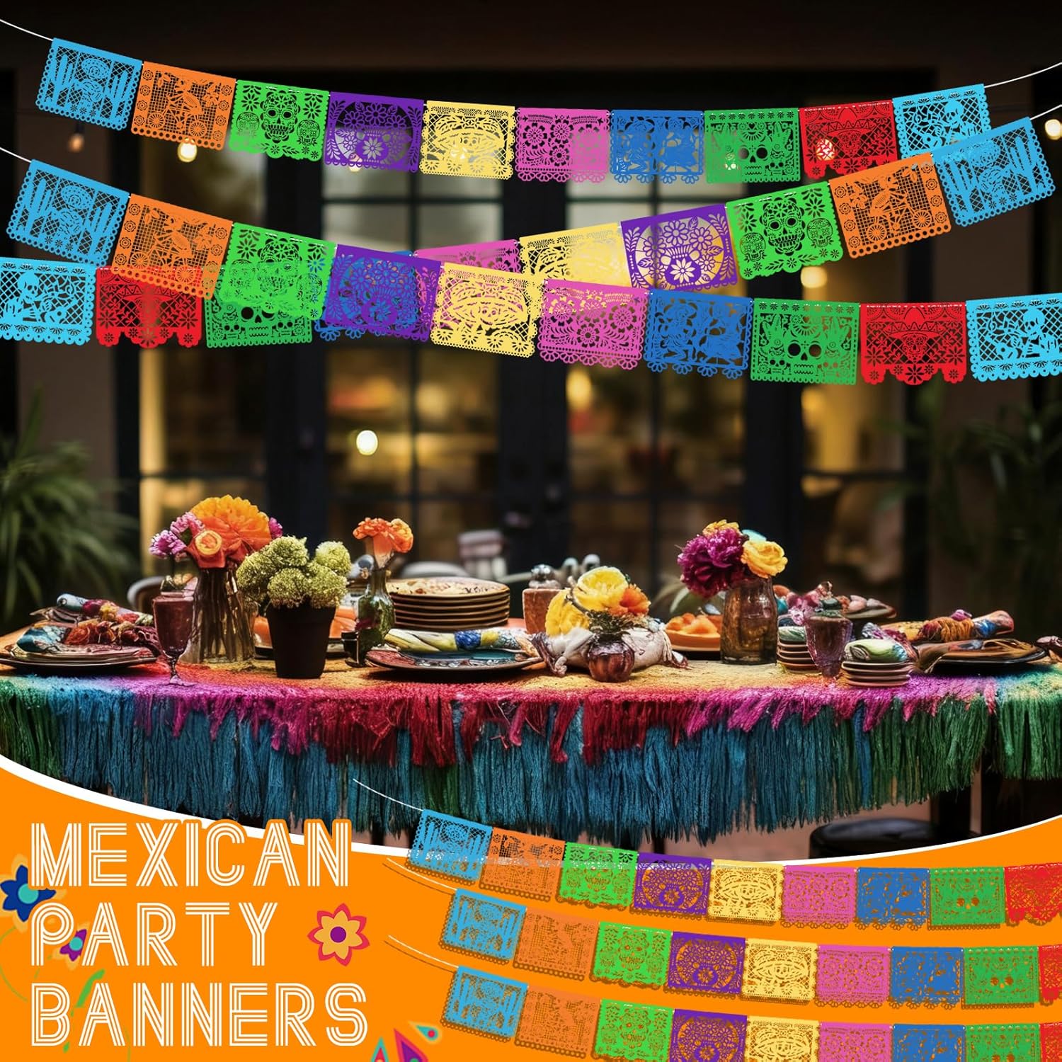 VitalCozy 92 ft Mexican Party Banners (5 Pack with 10 Non Woven Flags Per Banner) Cinco De Mayo Party Decorations Papel Picado Mexicano Para Fiesta Banner Papel Picado Fiesta Themed Decor