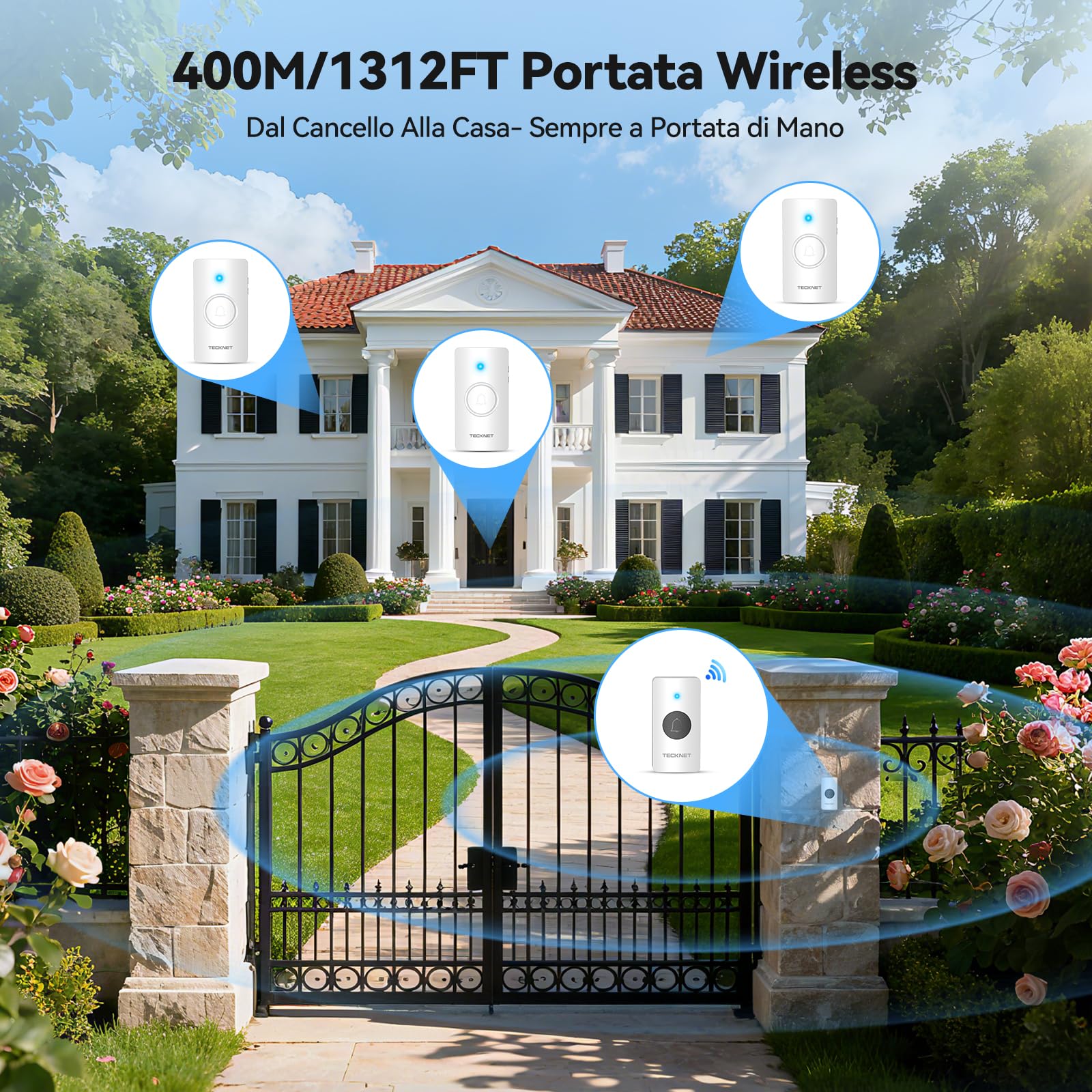 TECKNET Campanello Senza Fili, IP67 Campanello Impermeabile, 400M Campanello Senza Fili da Esterno, Kit Campanello Wireless Che Include 3 Ricevitore 1 Trasmettitori,5 Livelli di Volume e 60 Melodie