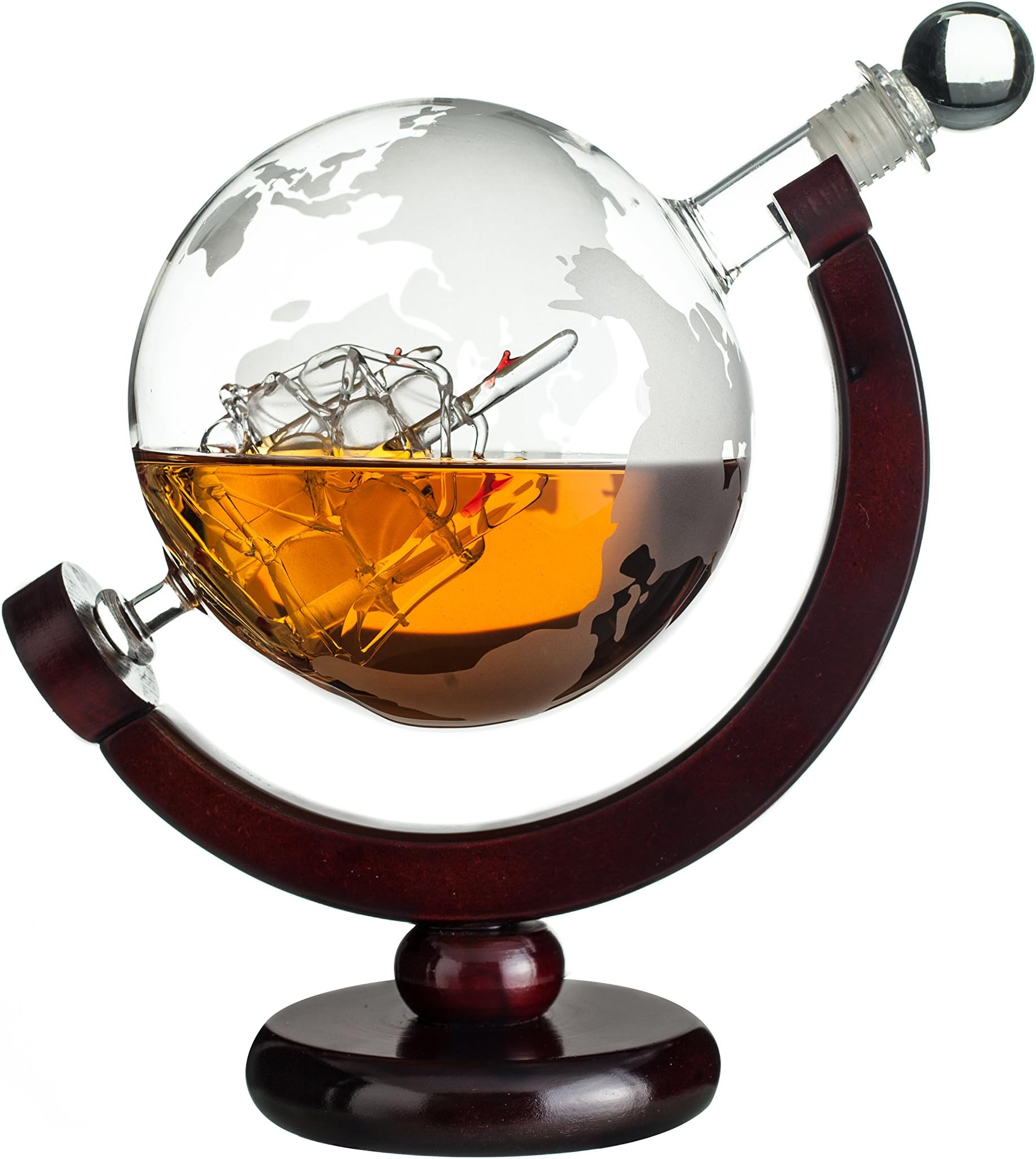 Whiskey Globe Decanter with Antique Dark Finished Wood Stand Bar Funnel 850ml Perfect Gift Set Scotch Liquor Bourbon Wine Vodka