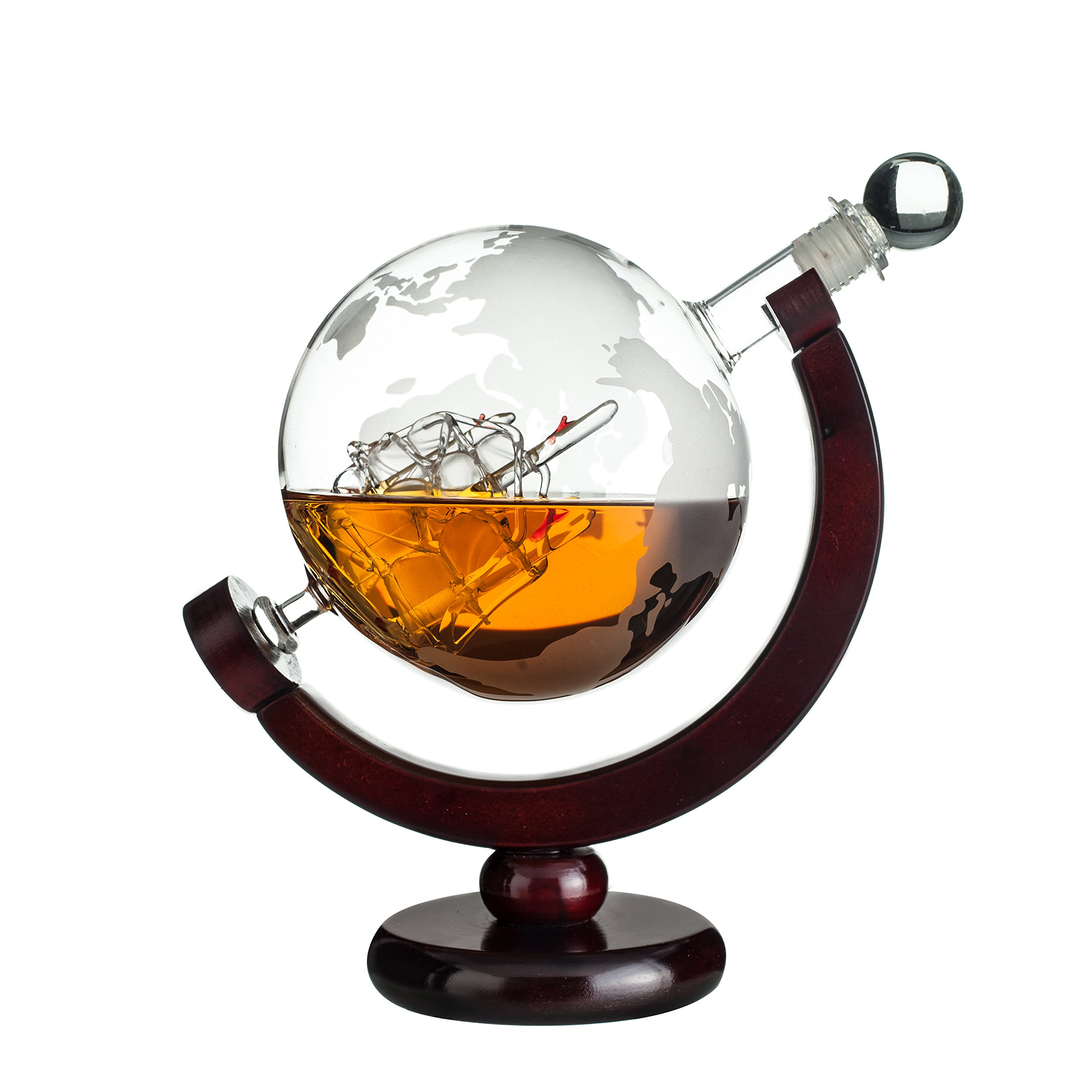 Whiskey Globe Decanter with Antique Dark Finished Wood Stand Bar Funnel 850ml Perfect Gift Set Scotch Liquor Bourbon Wine Vodka