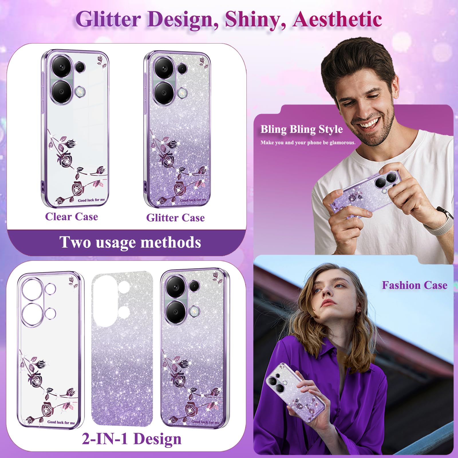 Yarxiawin Brillantini Custodia per Xiaomi Redmi Note 13 Pro 5g, Estetica Fiore per Xiaomi Redmi Note 13 Pro Cover Trasparente Glitter Silicone Morbido Sottile Leggera Case Antiurto (Viola