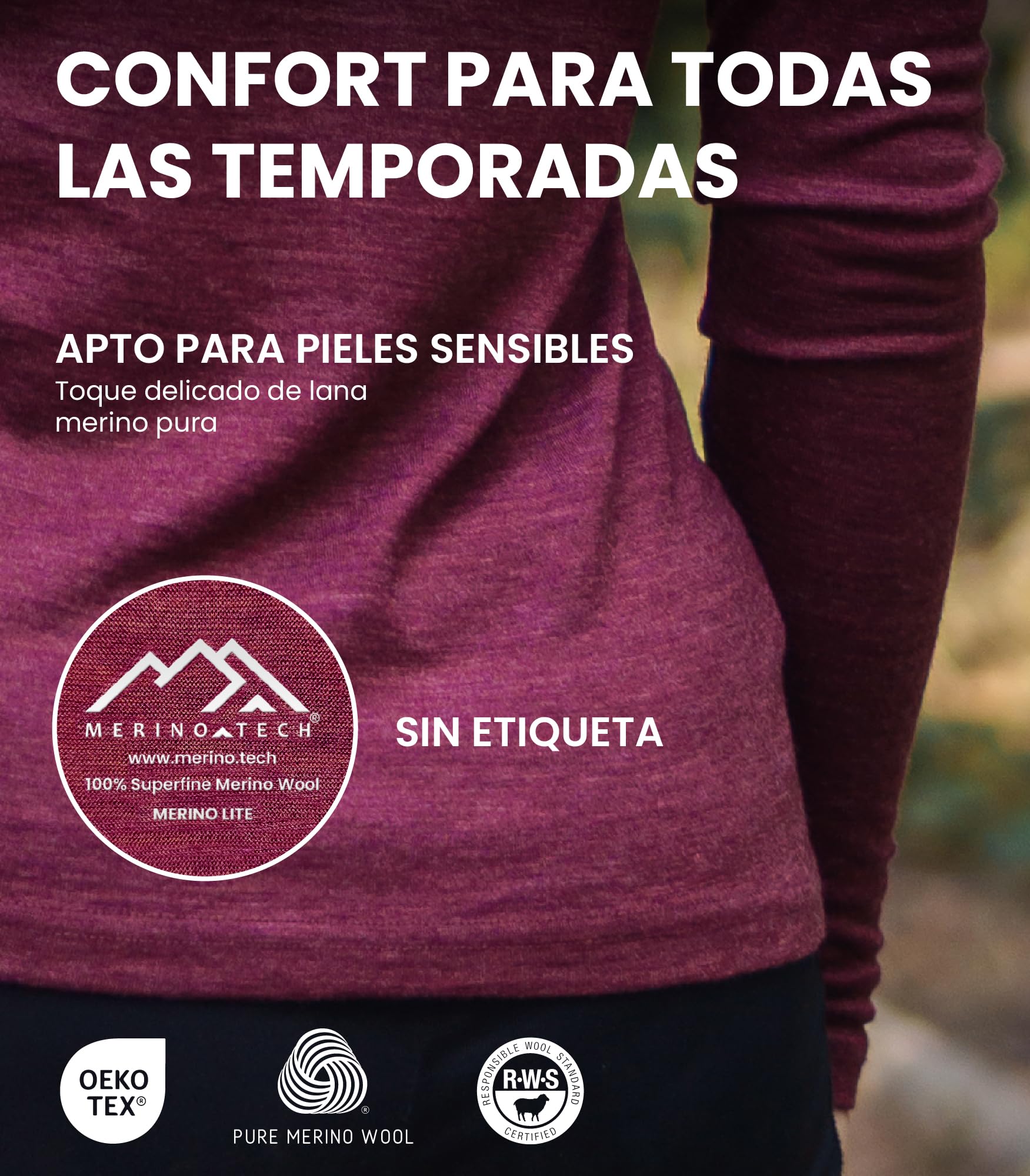 Merino.tech Camiseta Lana Merino - 100% Lana Merino Ropa Interior Termica Сamisetas Mujer Manga Larga para Actividades Outdoor