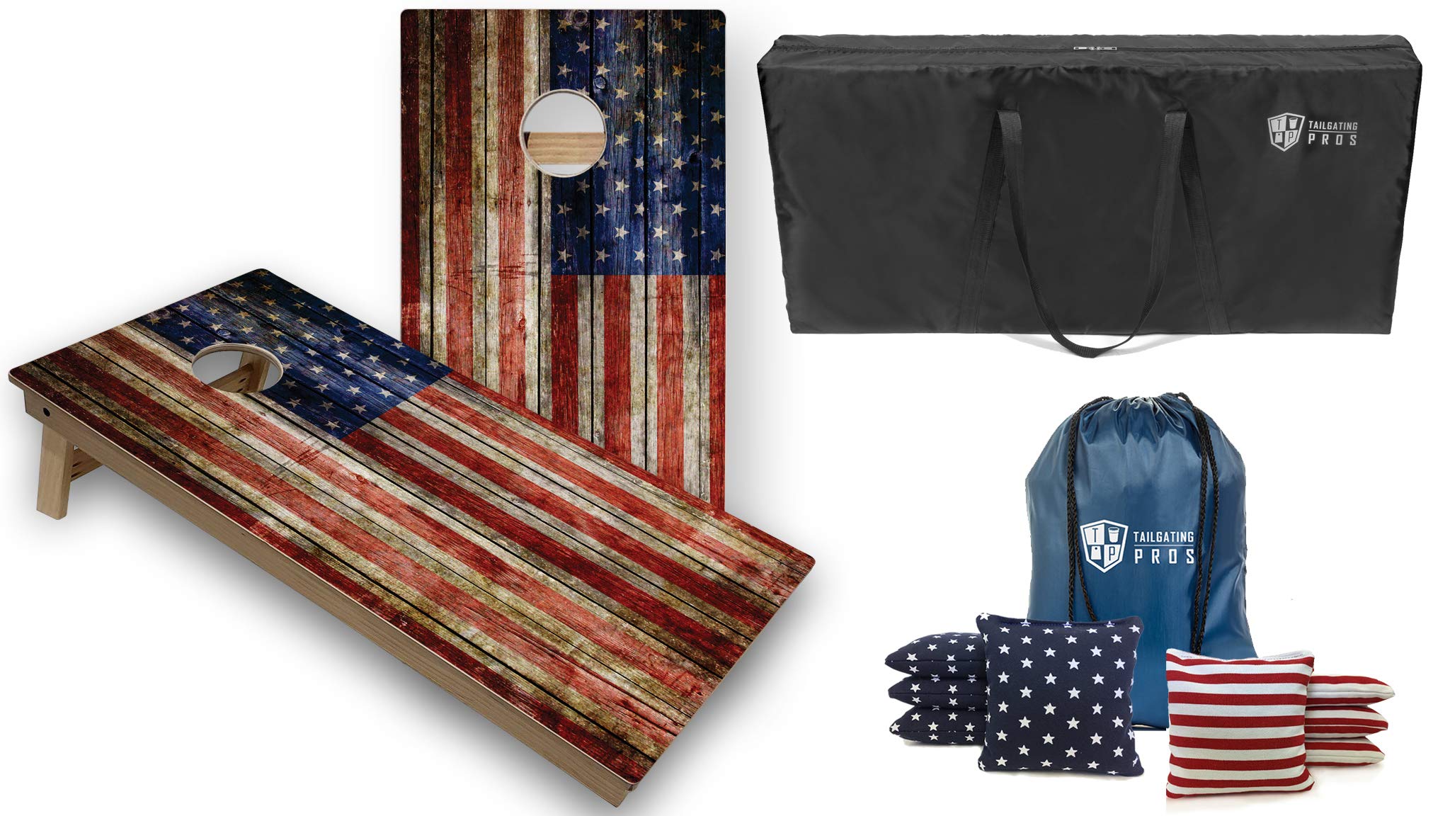 Tailgating Pros Tournament Grade American Themed Cornhole Board Set w/LED Rings, Bean Bags and Carrying Case - 4'x2' Cornhole Toss