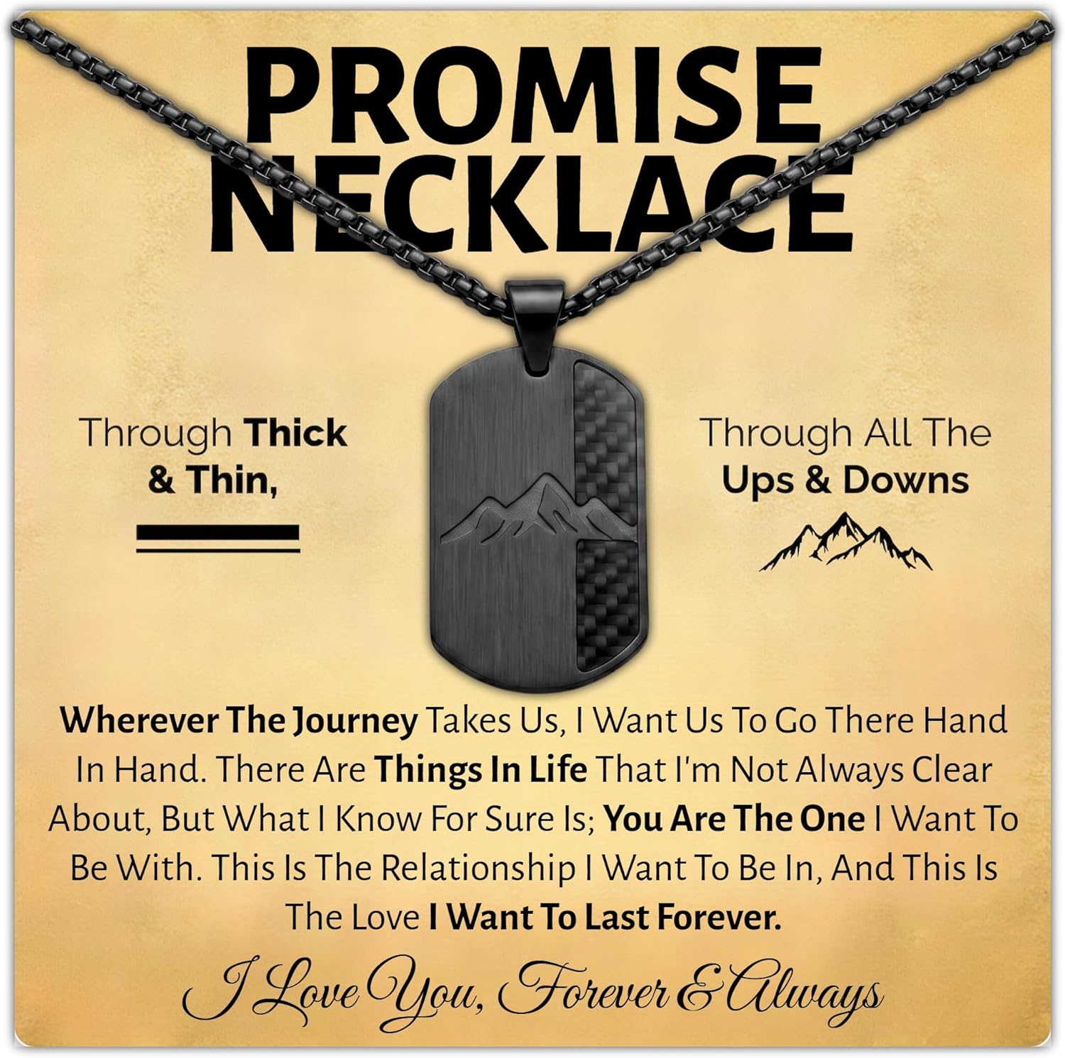 Love You This Much Through Thick and Thin Dog Tag Promise Necklace for Men - Genuine Carbon Fiber & 316L Surgical Steel Promise Jewelry - Unique One-of-a-Kind Pattern - 22.5" Waterproof & Hypoallergenic Chain with Luxury Gift Box