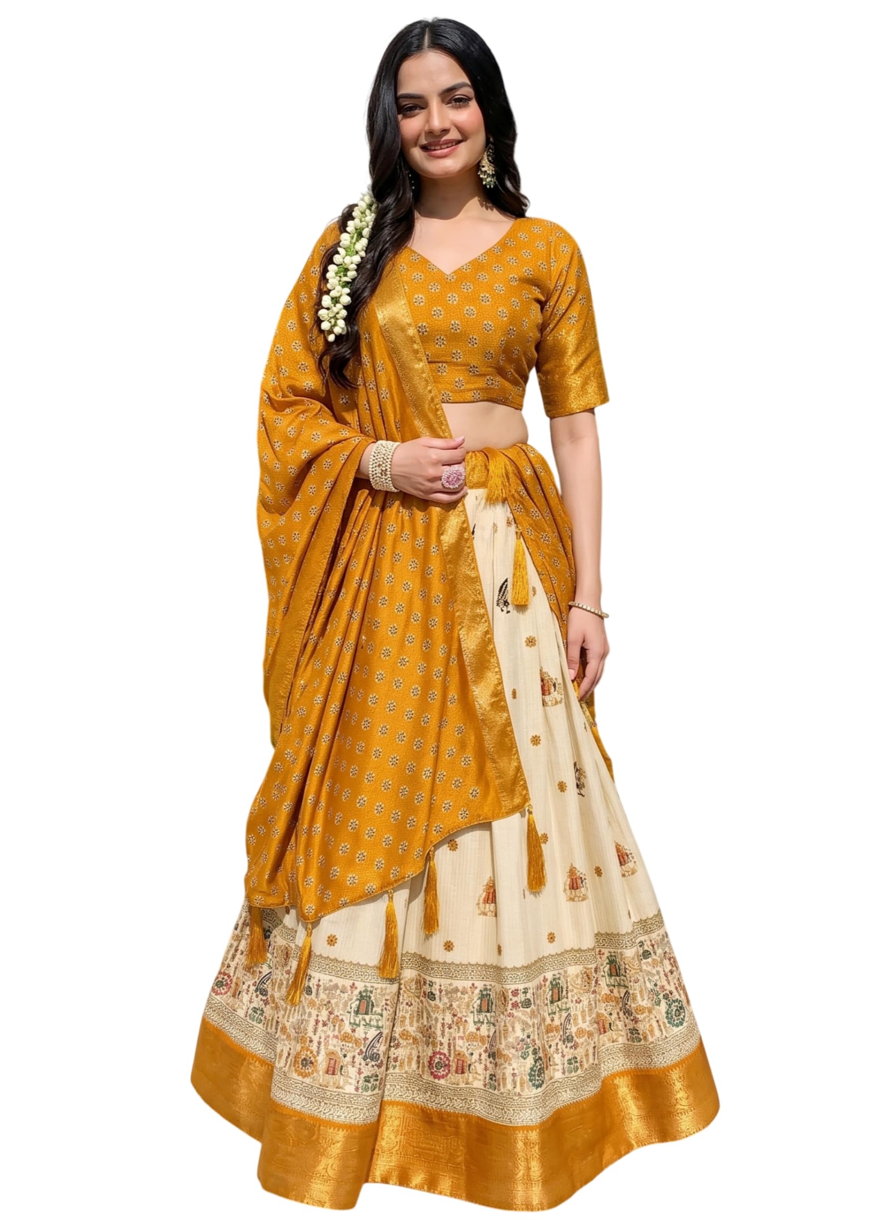 RAJ LAXMI Women's Lichi Silk Lehenga Choli with Dupatta, Jacquard Weaving Printed Lehenga Set, Unstitched Blouse, Traditional Ethnic Wedding Party Festive Wear Lehenga for WomenA (YELLOW)-image-20