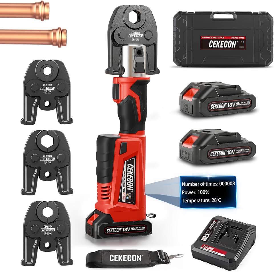 CEKEGON 22kN Cordless Crimping Tool with VUS 1/2‑1" Jaws for Copper Pipe