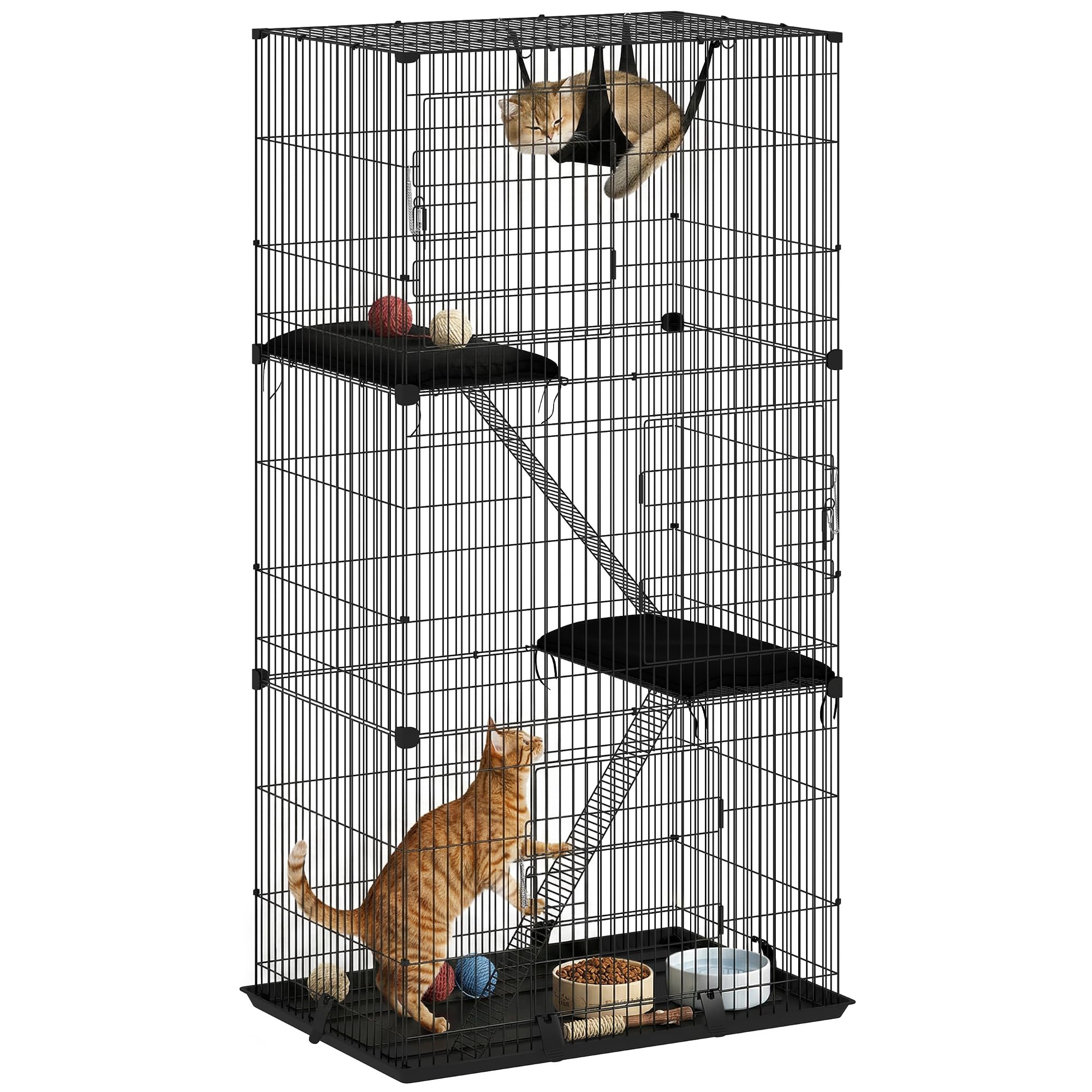 PawHut 3-Tier Large Cat Cage Indoor, Detachable Metal Wire Kennel with Hammock, Platforms, Bottom Tray and Cushions, Large Exercise Place with Ladders and 3 Front Doors for 1-2 Kittens, Black