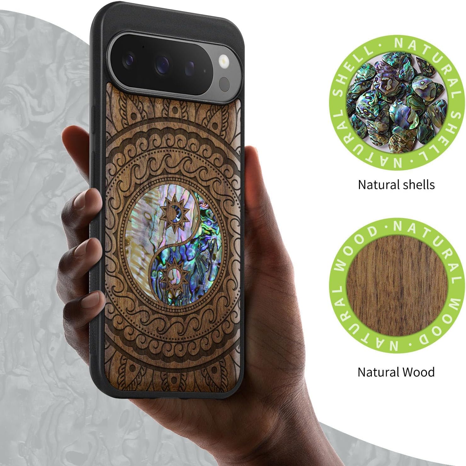 Carveit Magnetic Wooden Case for Google Pixel 9 Pro XL Case, Wood Artisan Engraved & Handmade Shell Inlaid, Compatible with MagSafe Wireless Chargers, Yin Yang Paisley - Walnut