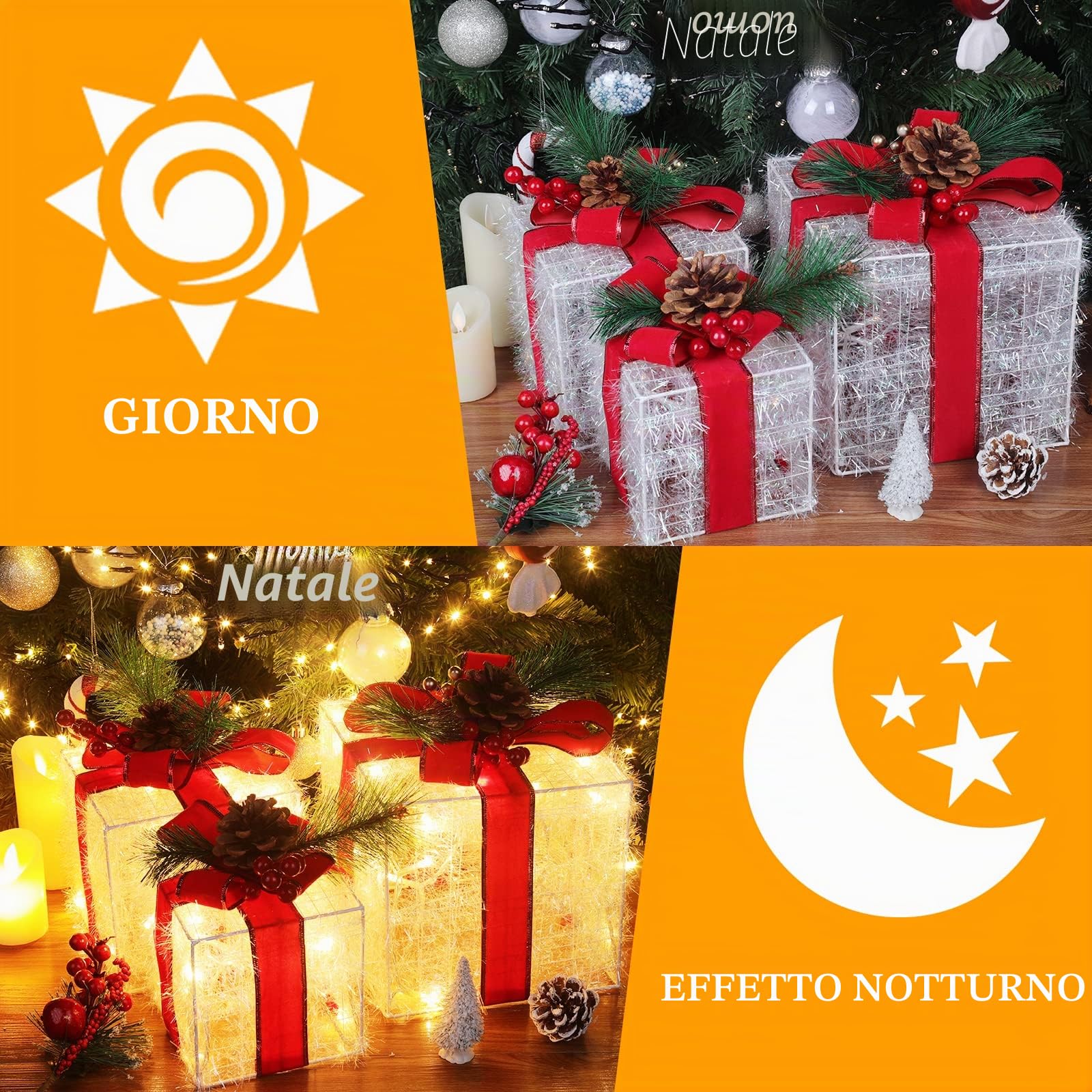 Quntis Scatole Regalo Luci di Illuminate Natale,60LED Pacco Regalo Luminoso | Set di 3 Scatole Luci Decorazione Natalizia, Pacchi Regalo Luminosi per L'Albero di Natale/Home Showcase/Negozio Vetrina